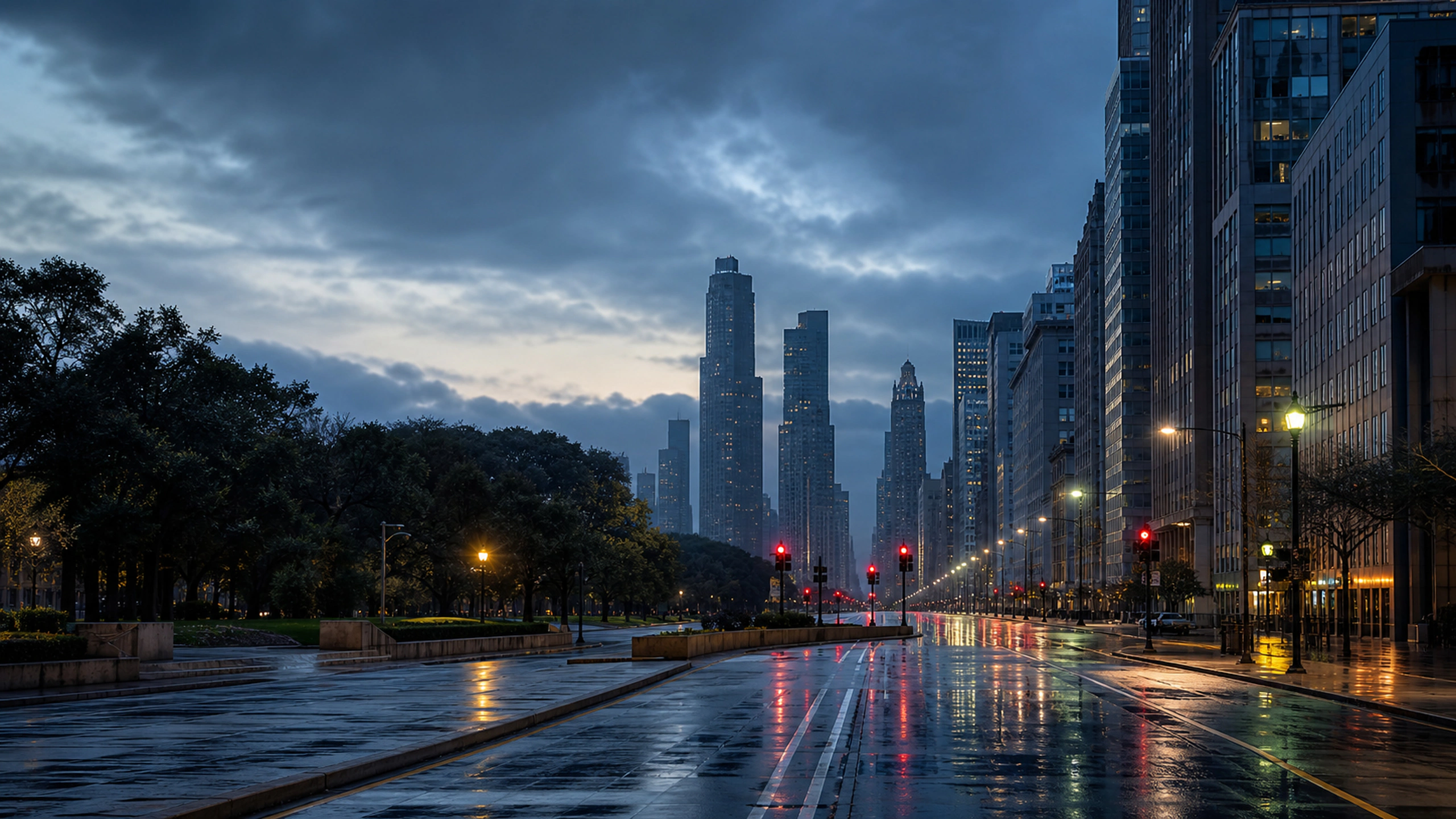 Wide urban avenue after rain, quiet traffic lights, reflective asphalt, no people, original 4K cities wallpaper