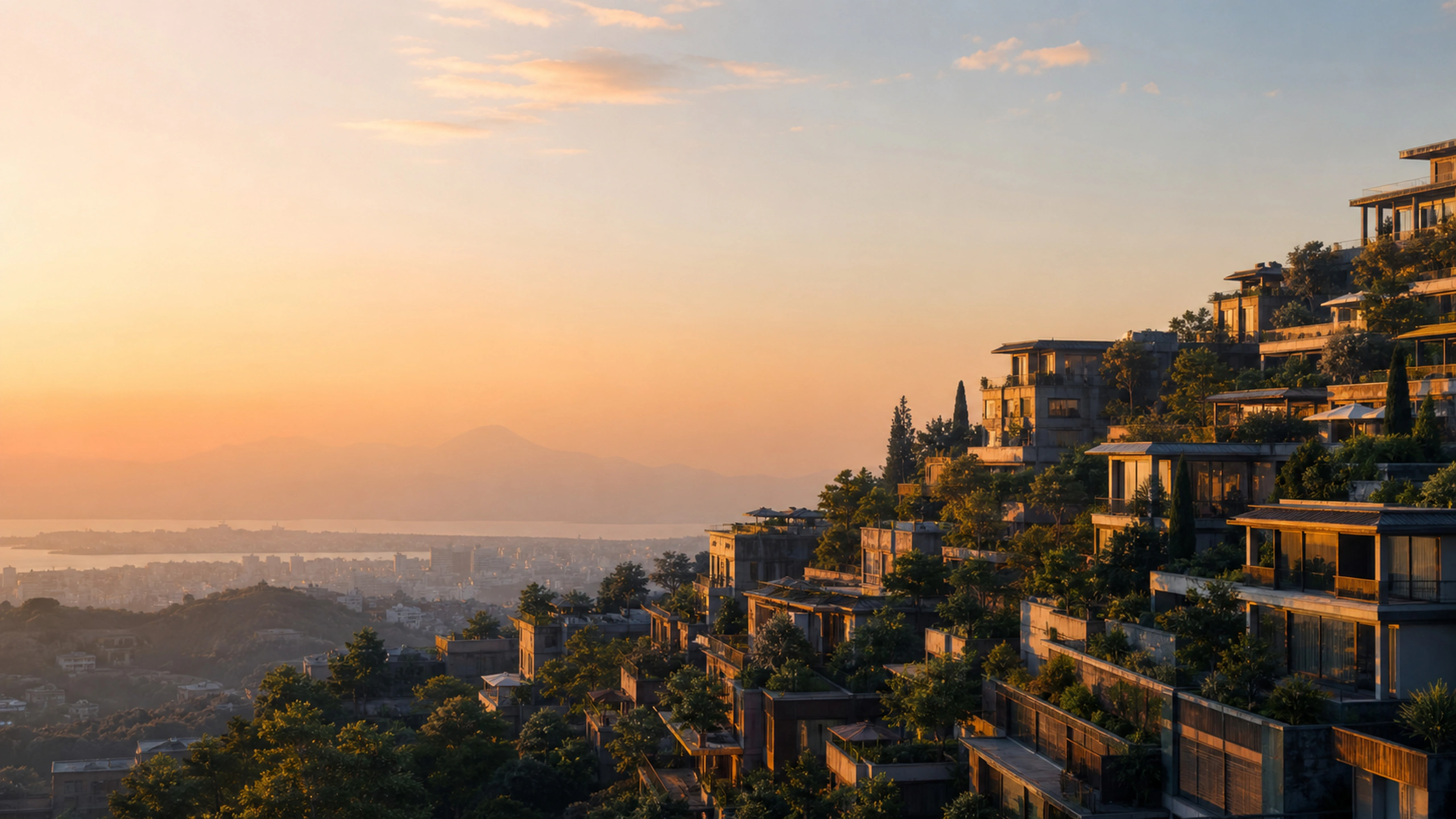 Layered hillside metropolis with terraces and trees, calm golden dawn, original 4K cities wallpaper