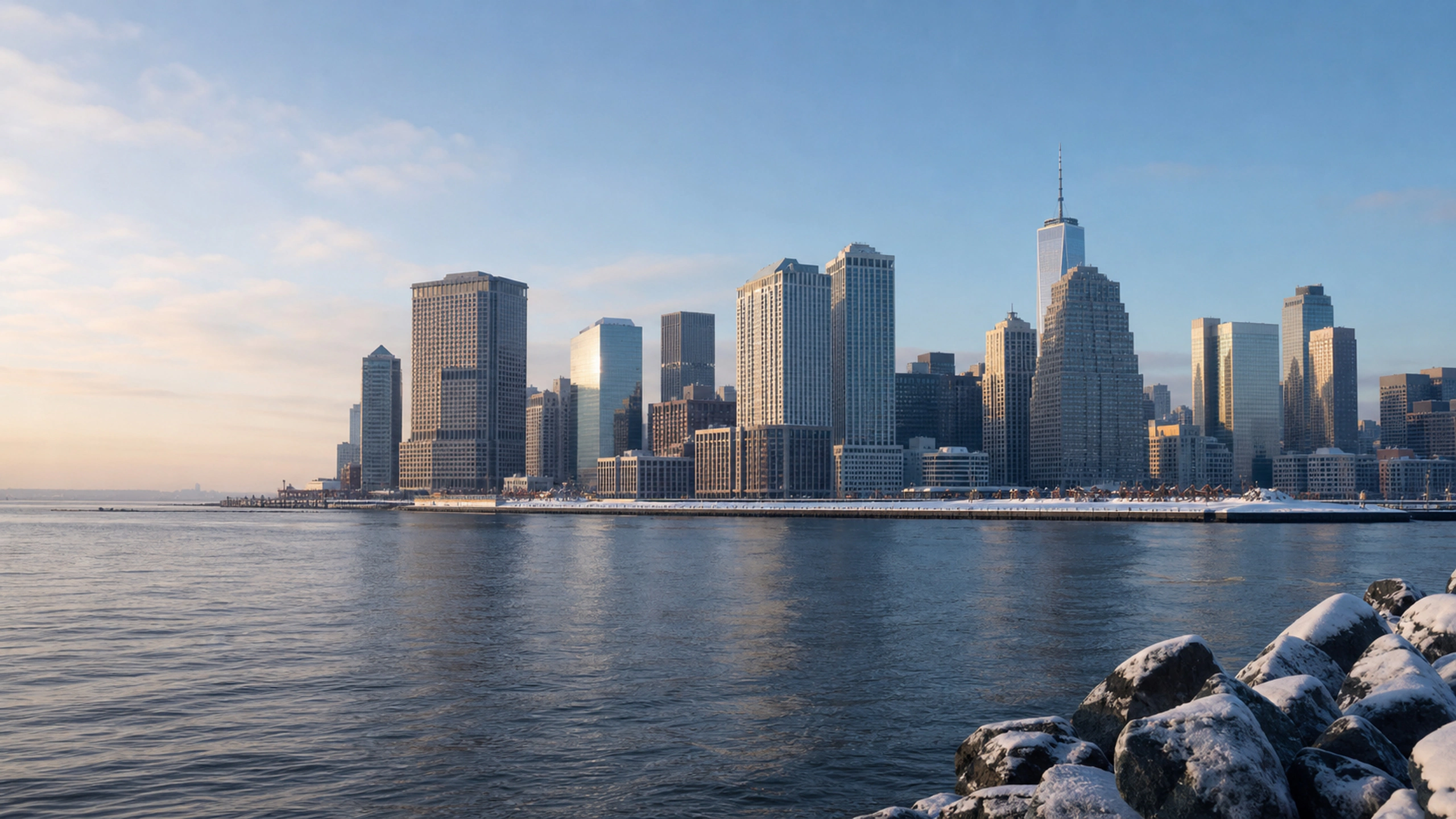 Snow-dusted original waterfront skyline under pale winter morning light, original 4K cities wallpaper