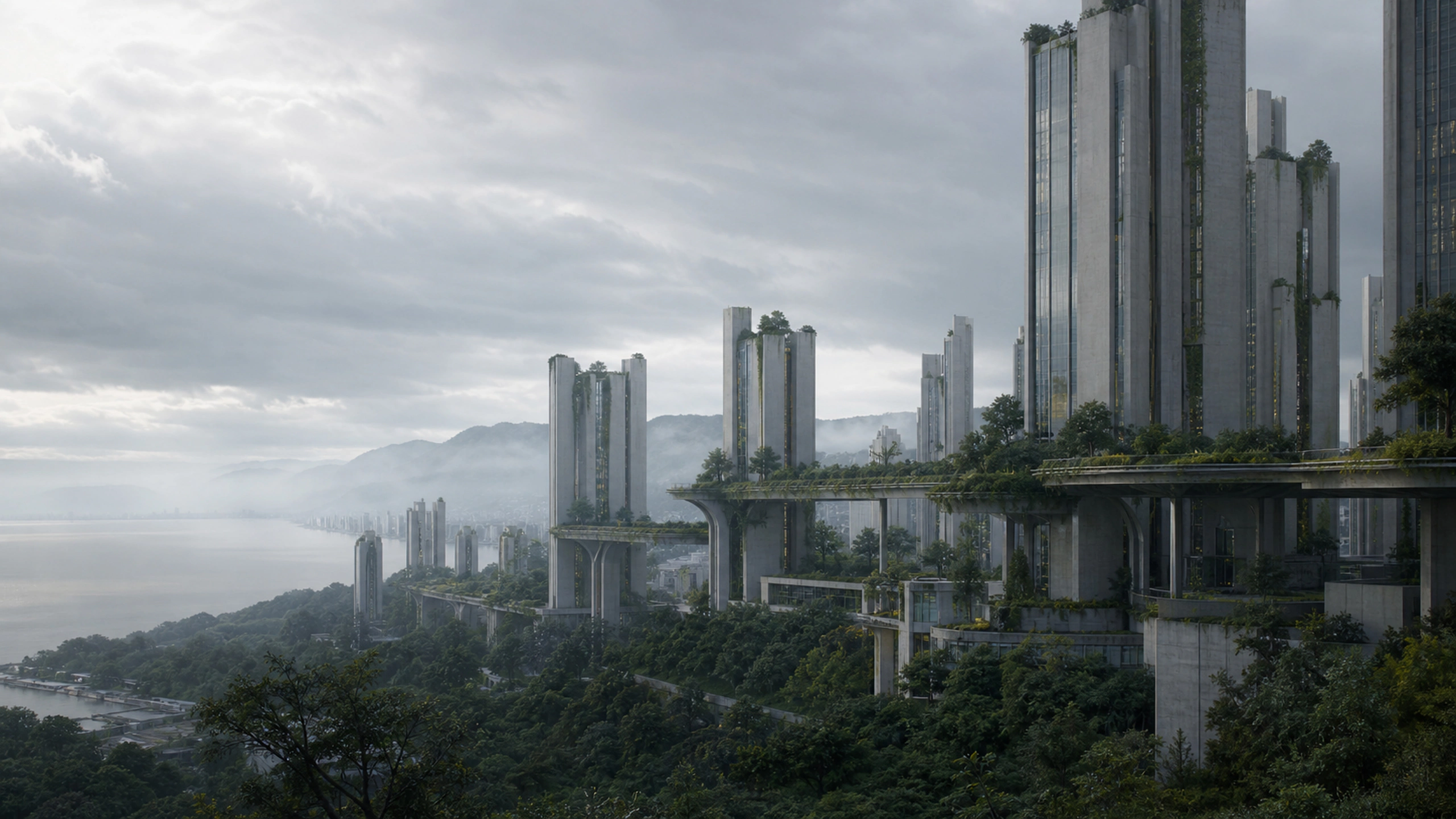 Invented city of restrained towers connected by elevated gardens, overcast daylight, original 4K cities wallpaper
