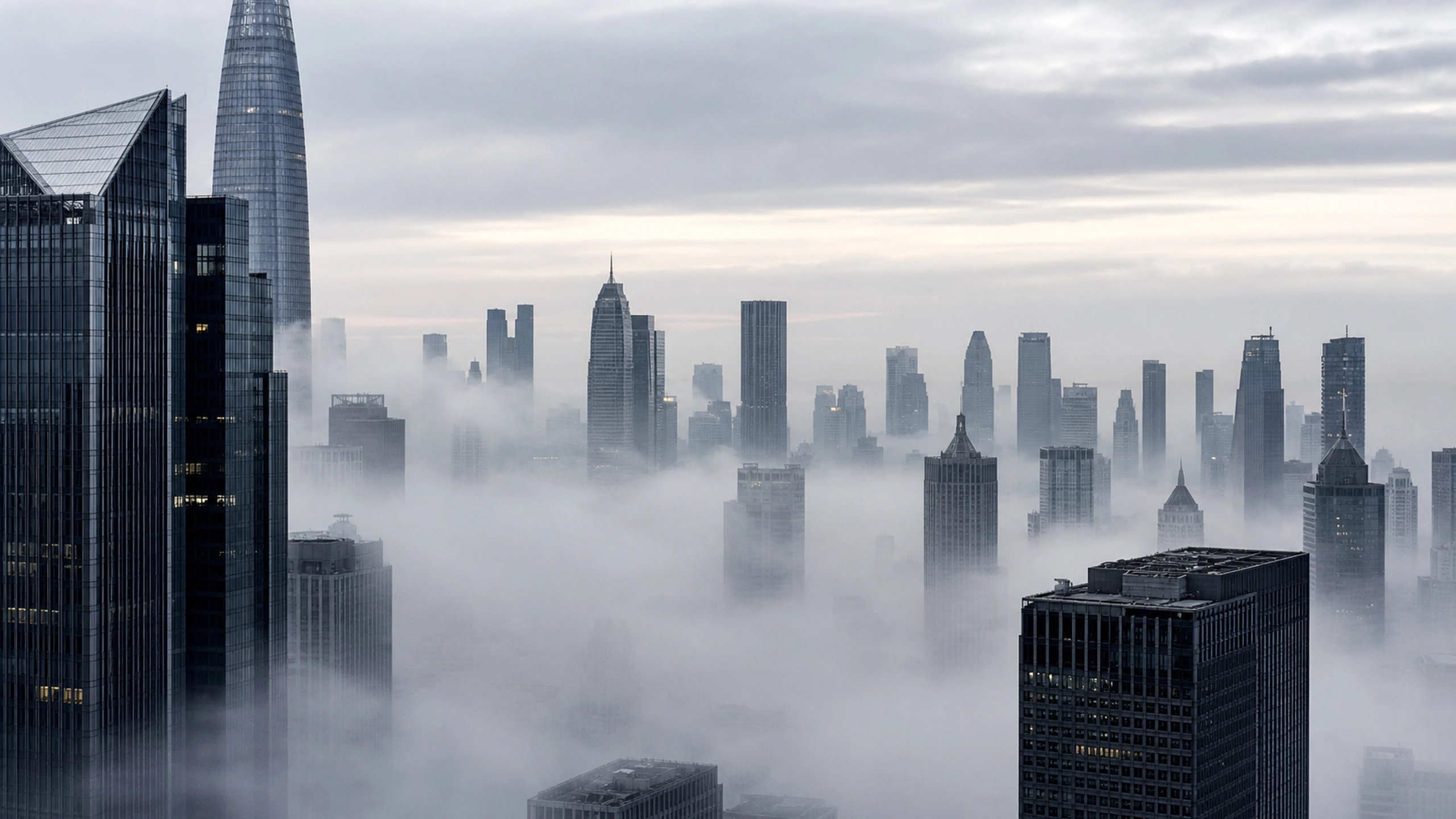 Dense morning fog threading between varied original towers, minimal monochrome mood, original 4K cities wallpaper