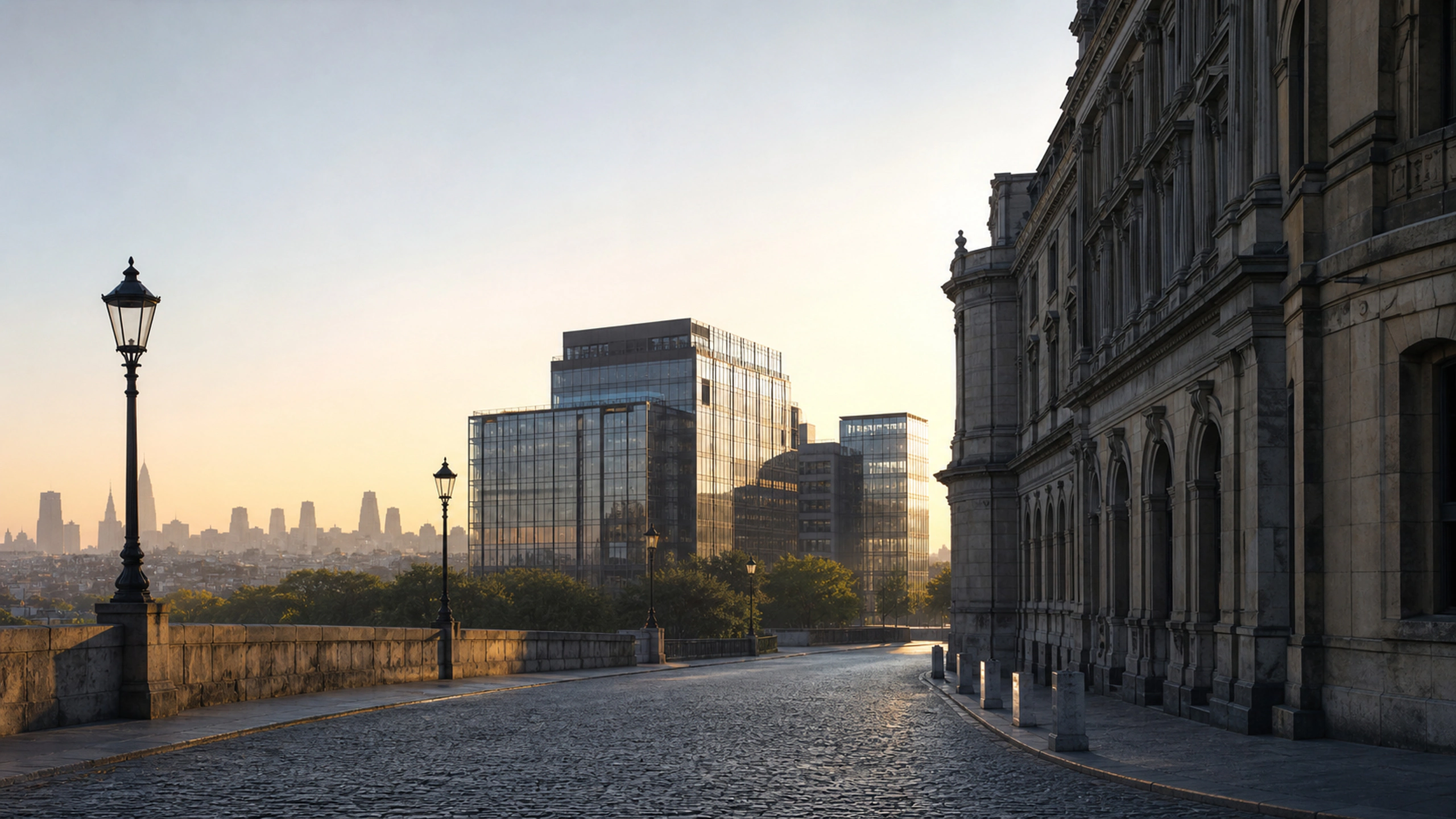 Quiet stone district opening toward contemporary glass architecture, early sunrise, original 4K cities wallpaper