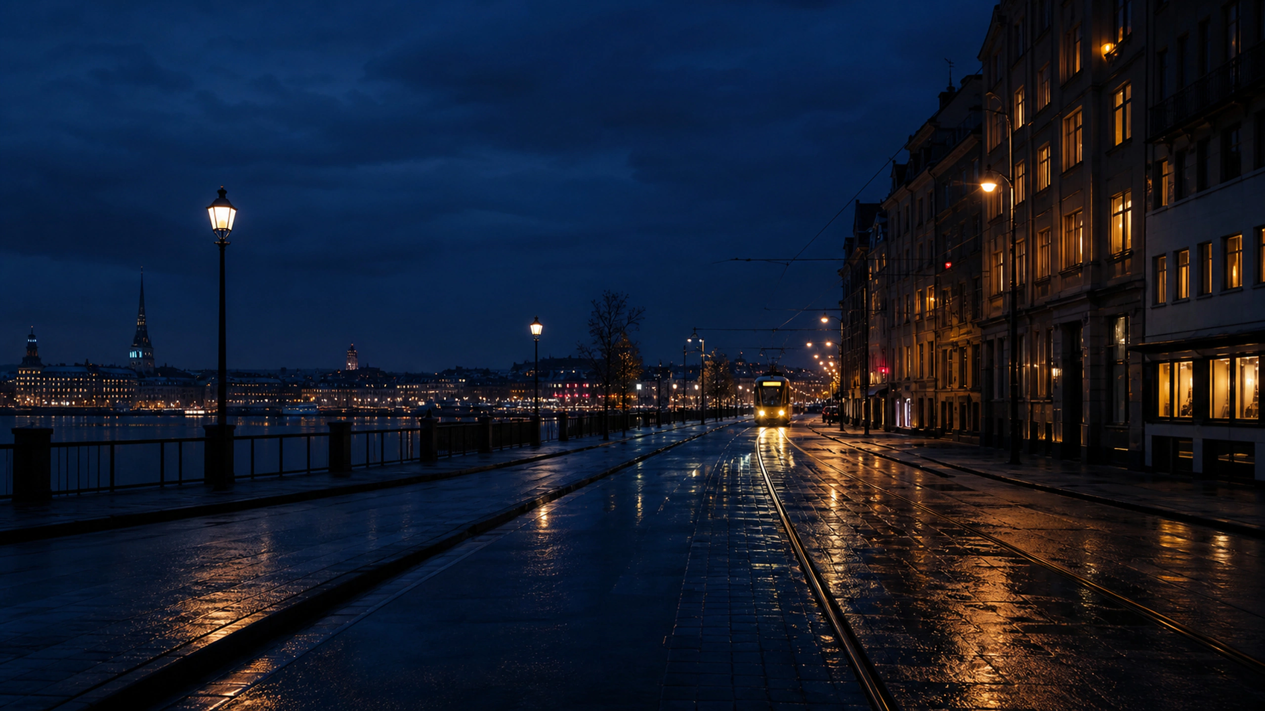Empty rain-dark street with a distant generic tram, warm windows and deep navy sky, original 4K cities wallpaper