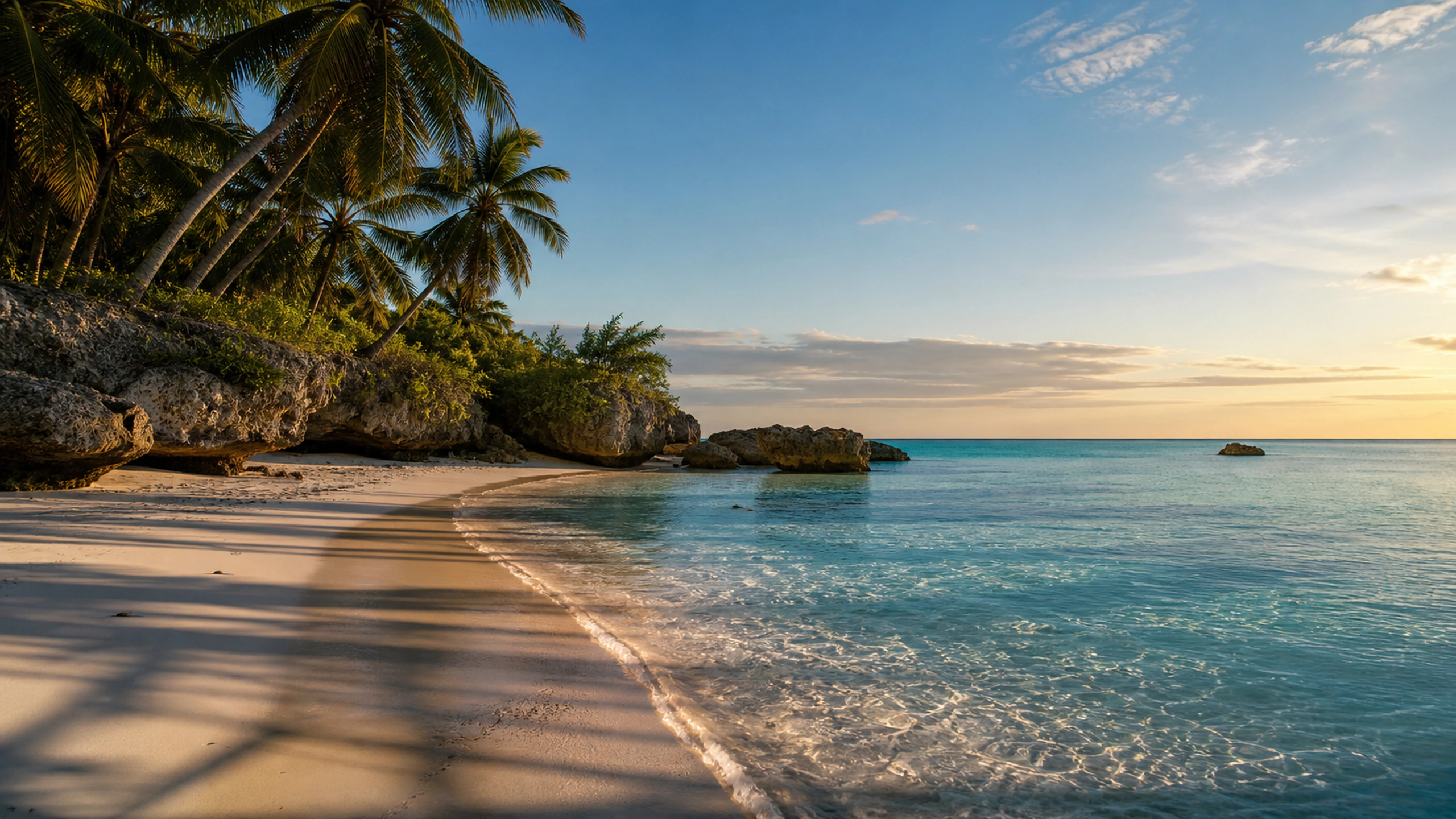 Empty crescent beach with natural palm shadows across clear morning shallows, original 4K beaches wallpaper