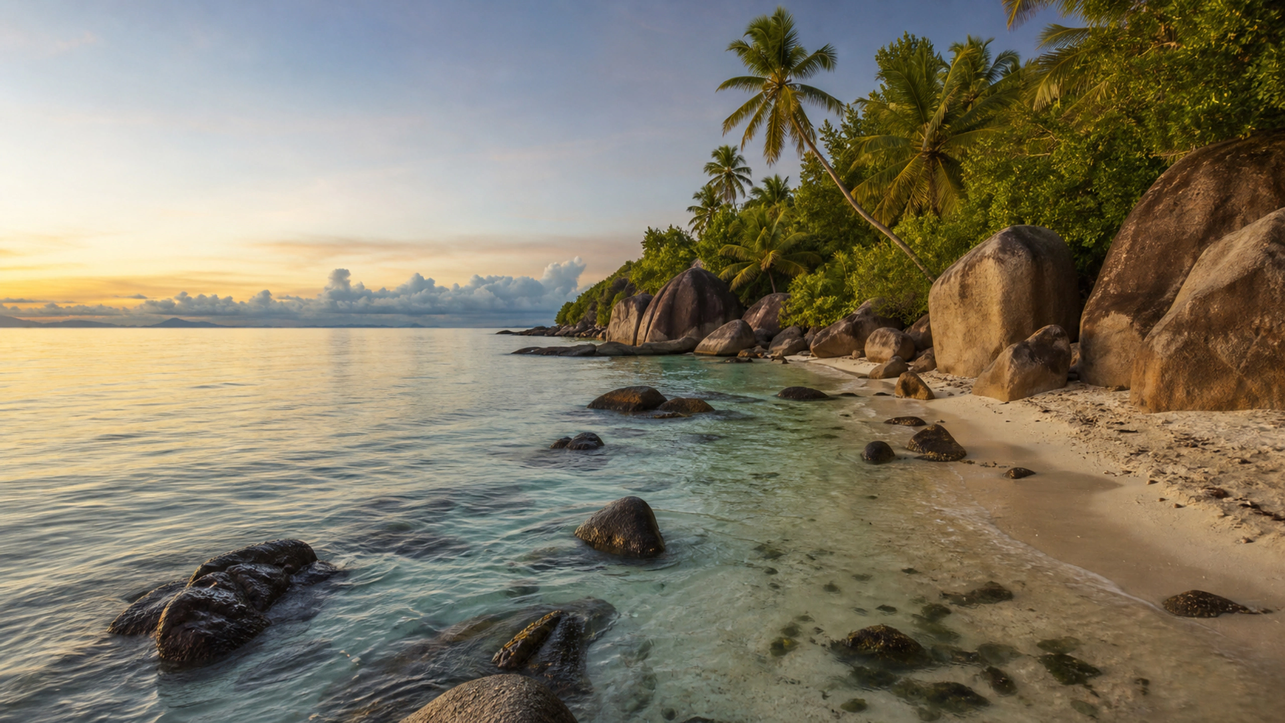 Secluded cove between rounded granite formations and dense tropical vegetation, original 4K beaches wallpaper