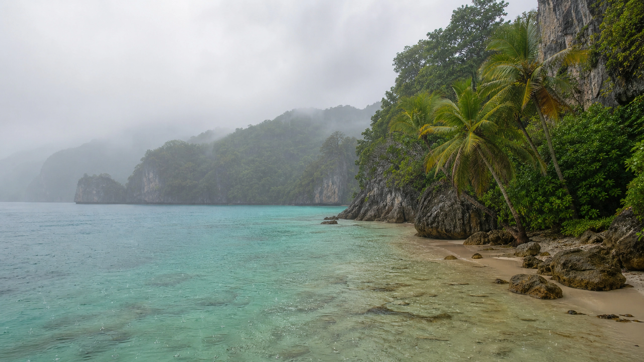 Quiet tropical lagoon during a gentle shower, muted turquoise water and misty hills, original 4K beaches wallpaper