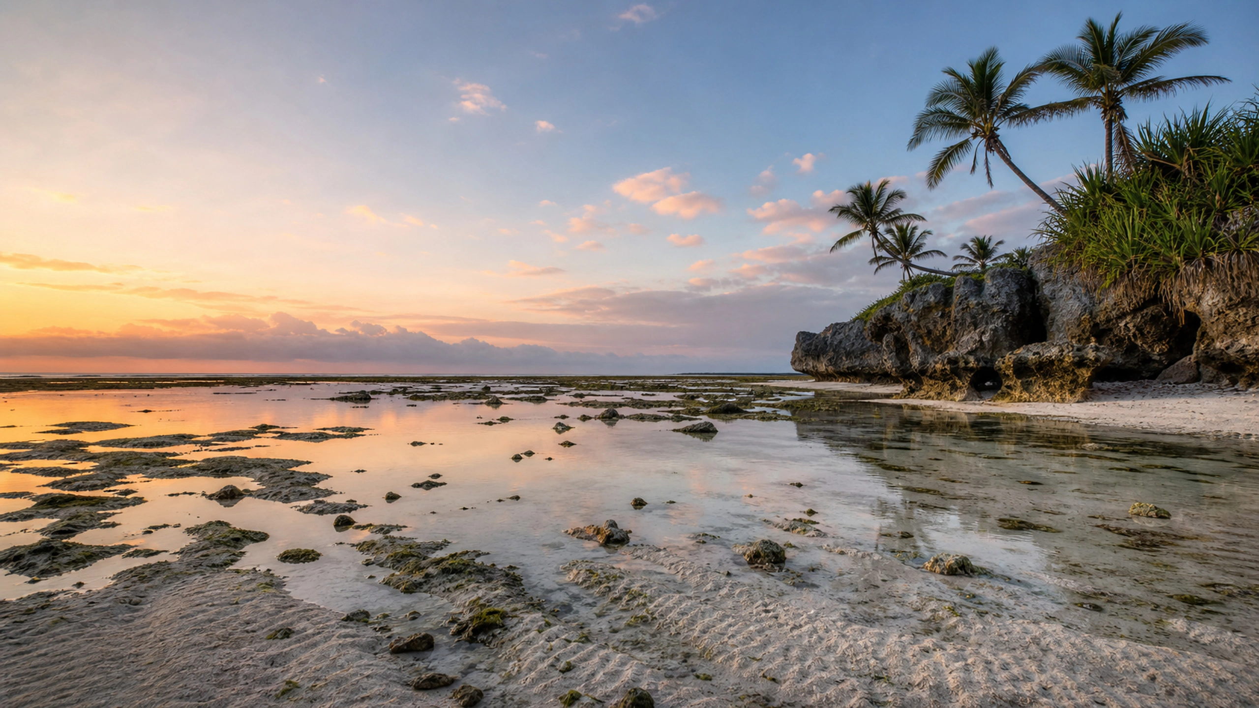 Exposed pale sand and shallow tidal pools beneath a calm dawn sky, original 4K beaches wallpaper