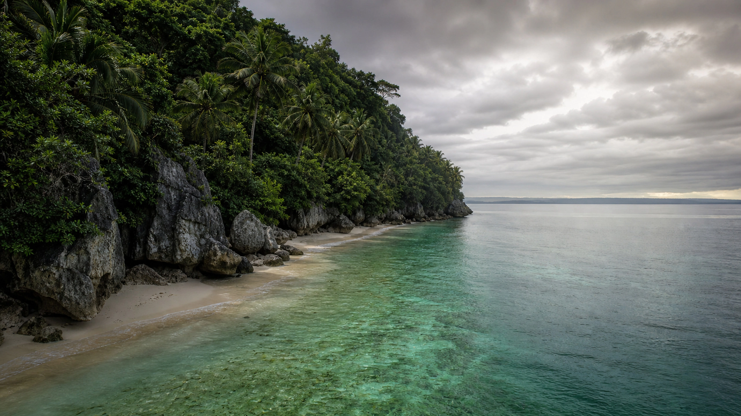 Dense rainforest meeting an untouched narrow beach, emerald water and overcast light, original 4K beaches wallpaper