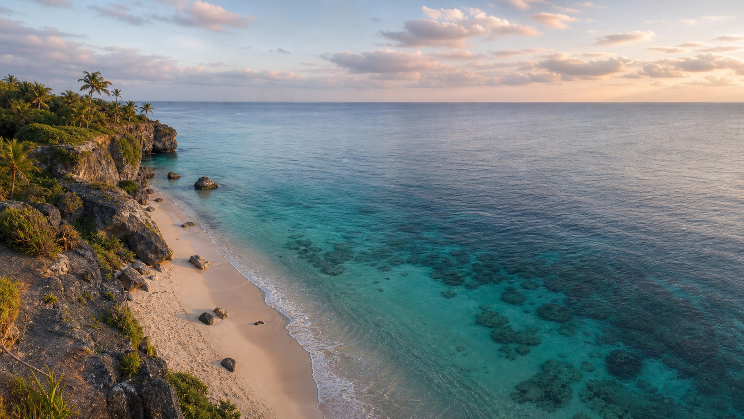High viewpoint over a clean coral-sand shoreline curving into deep blue water, original 4K beaches wallpaper