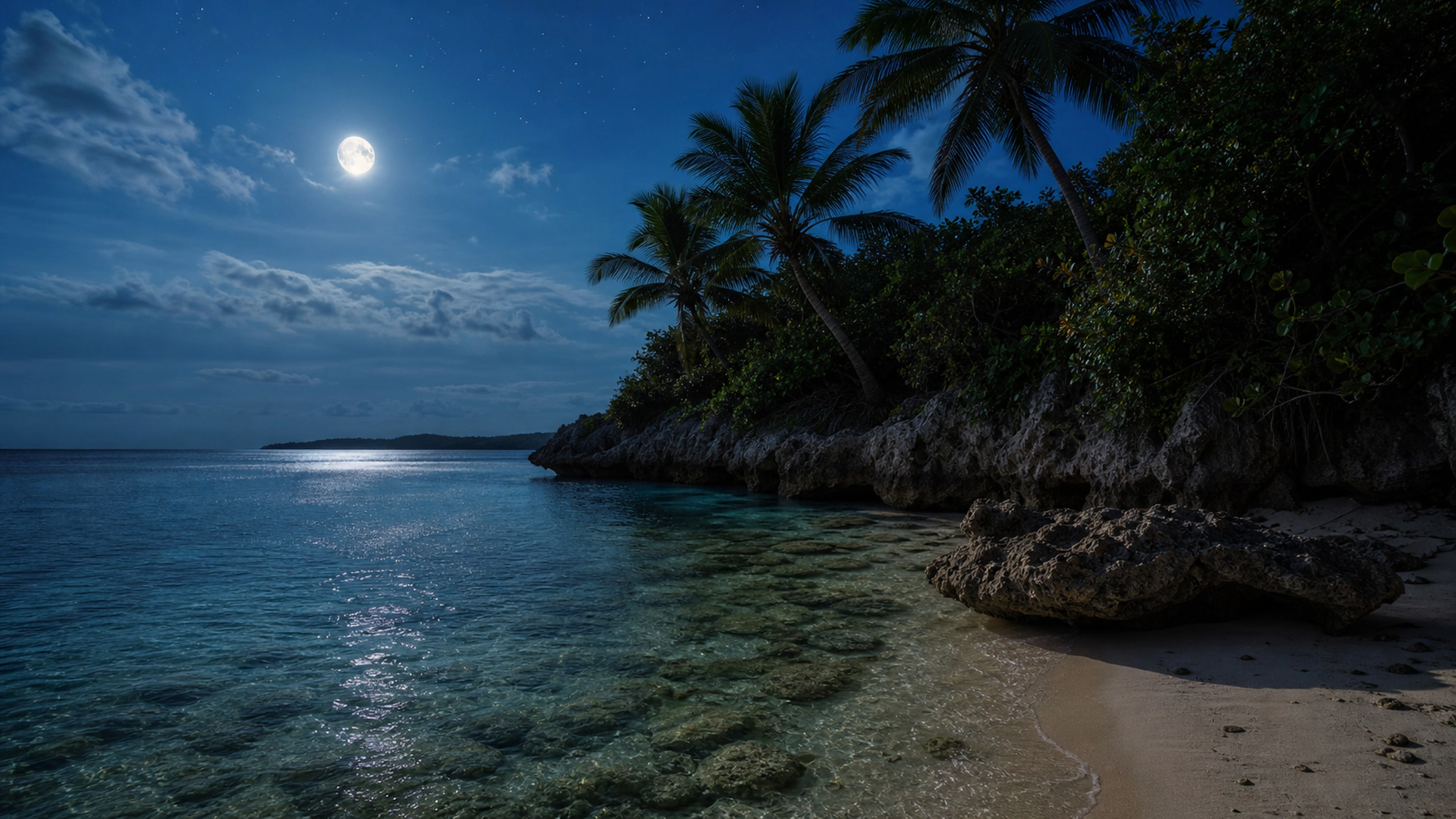 Natural moonlight on a quiet tropical cove, restrained exposure and dark palms, original 4K beaches wallpaper