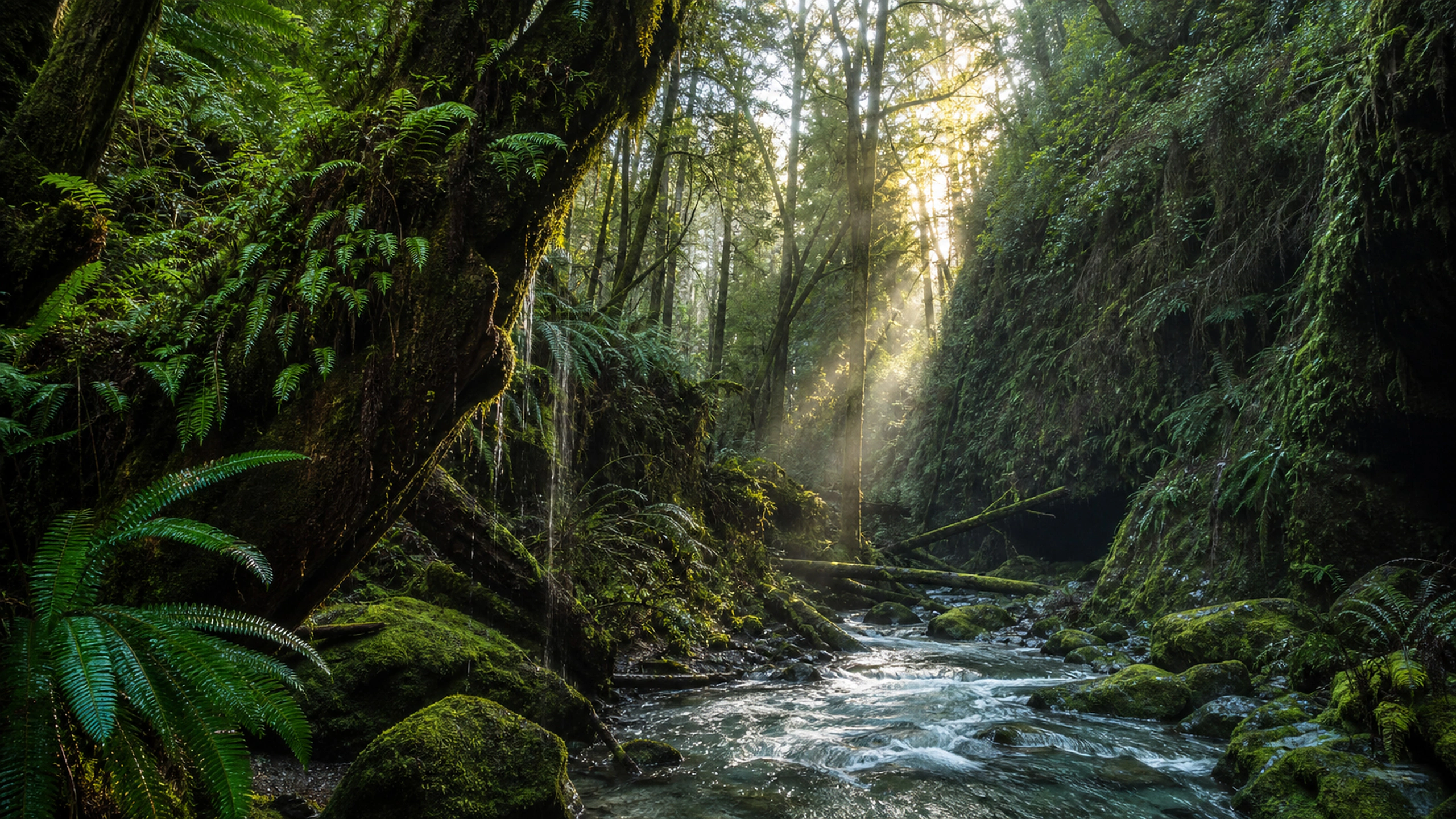 Deep fern-filled ravine with water dripping from ancient trees and a clear rushing creek, original 4K forests wallpaper