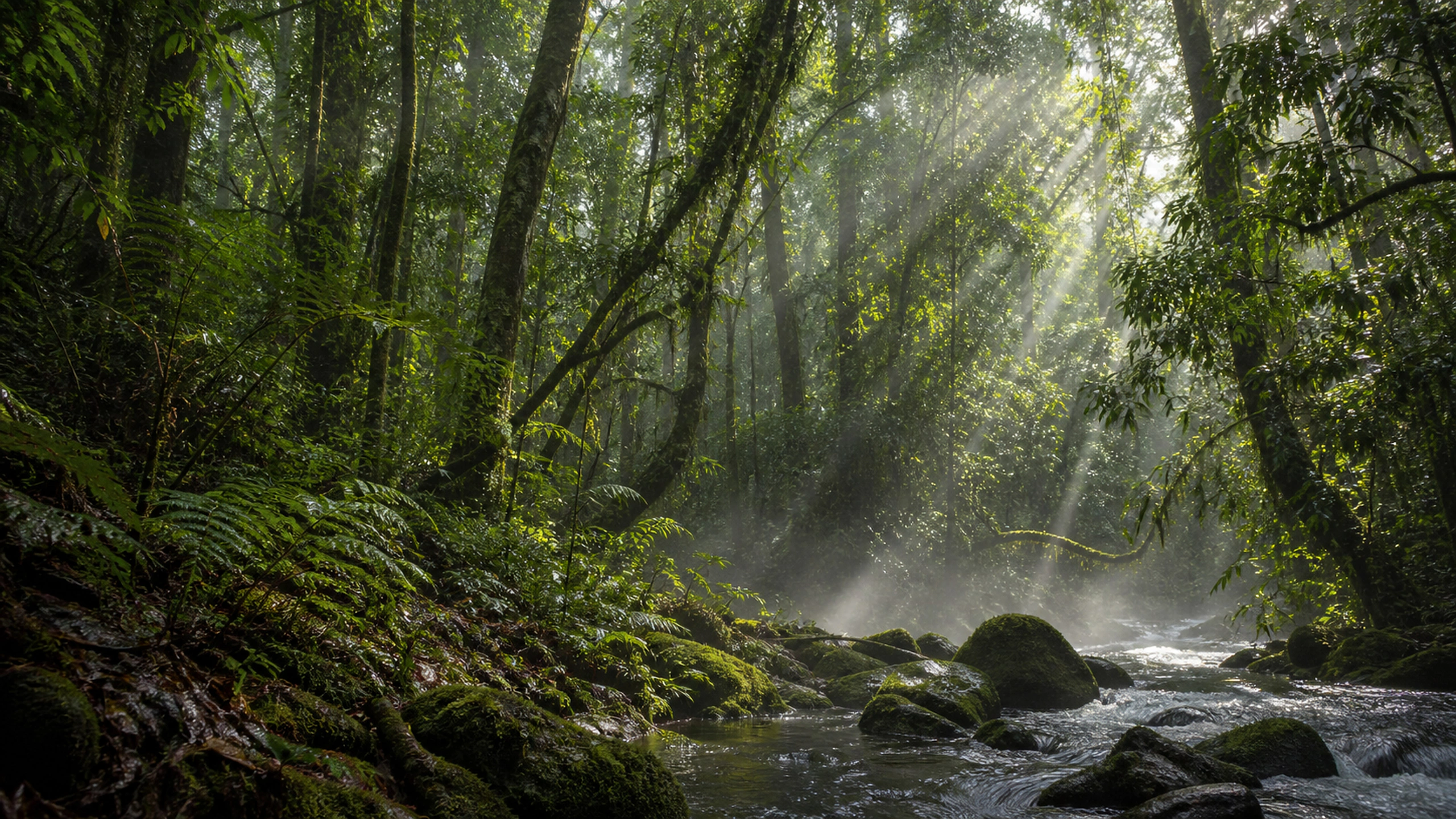 Sunlight breaking through a high rainforest canopy onto steaming wet foliage, original 4K forests wallpaper