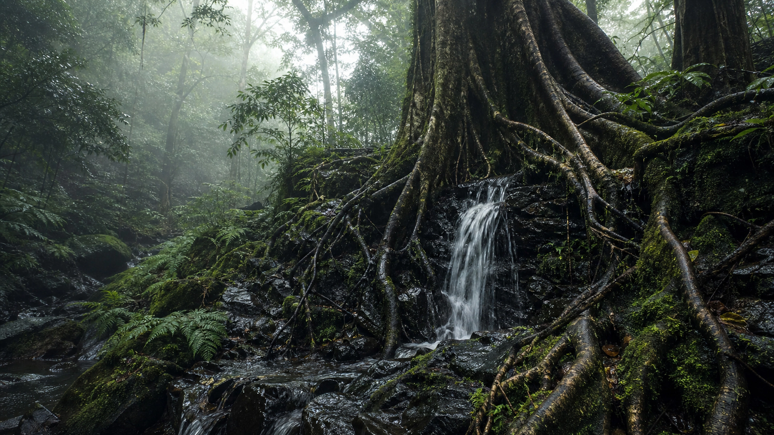 Small waterfall threading through giant exposed tree roots and dark mossy rock, original 4K forests wallpaper