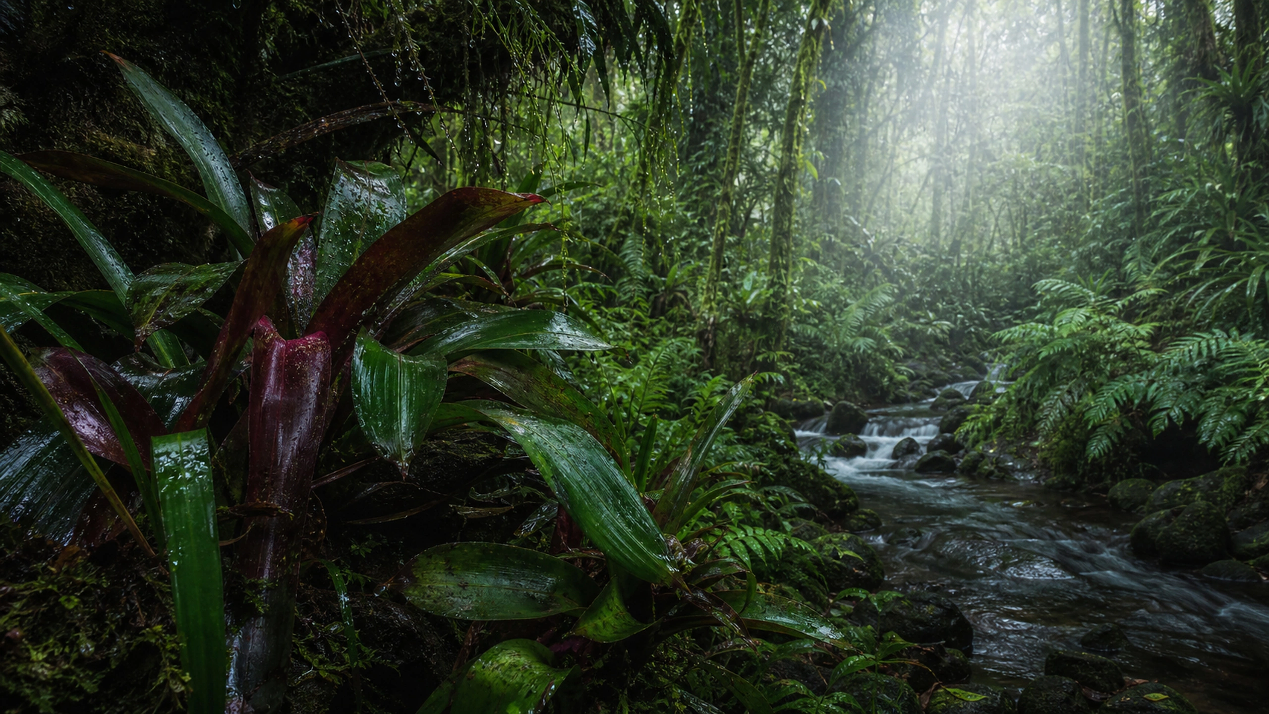 Natural bromeliads and varied broad leaves collecting rainwater in a shaded grove, original 4K forests wallpaper