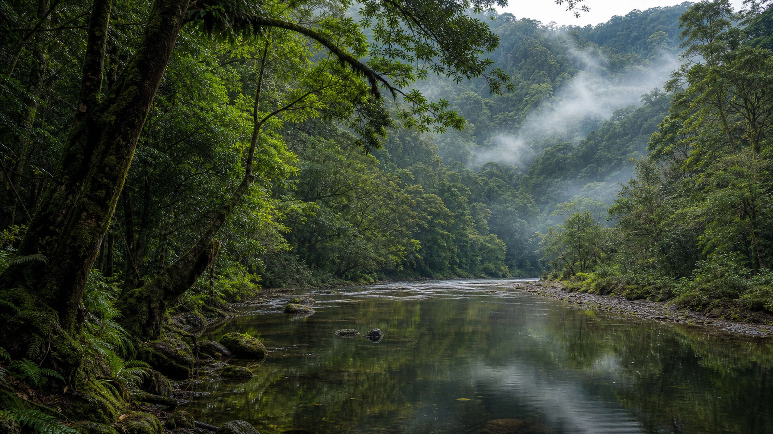 Wide tropical river bend after rain, low fog and dense layered forest reflections, original 4K forests wallpaper