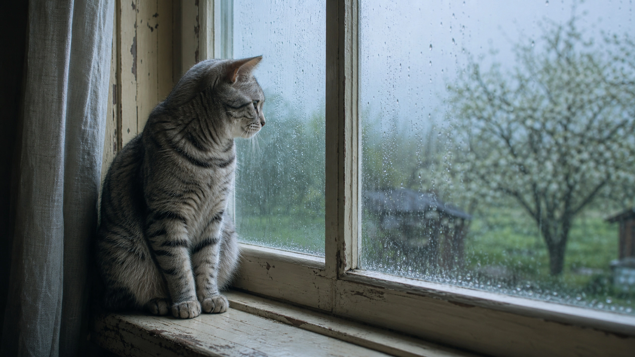 Short-haired silver tabby sitting upright on a chipped cottage windowsill during spring rain, original 4K pets wallpaper