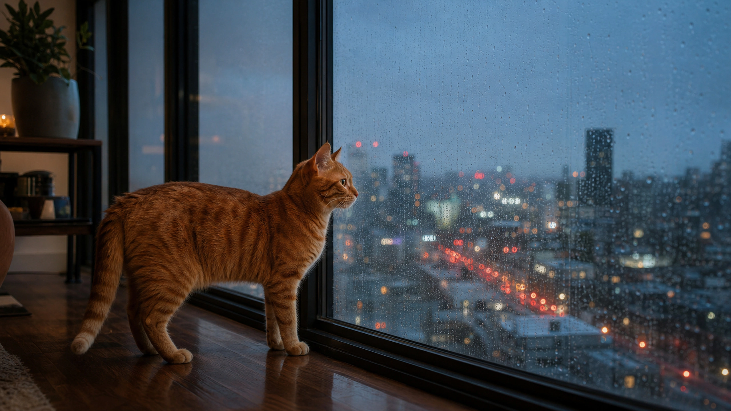 Orange tabby standing beside a floor-to-ceiling apartment window above a rainy city at dusk, original 4K pets wallpaper