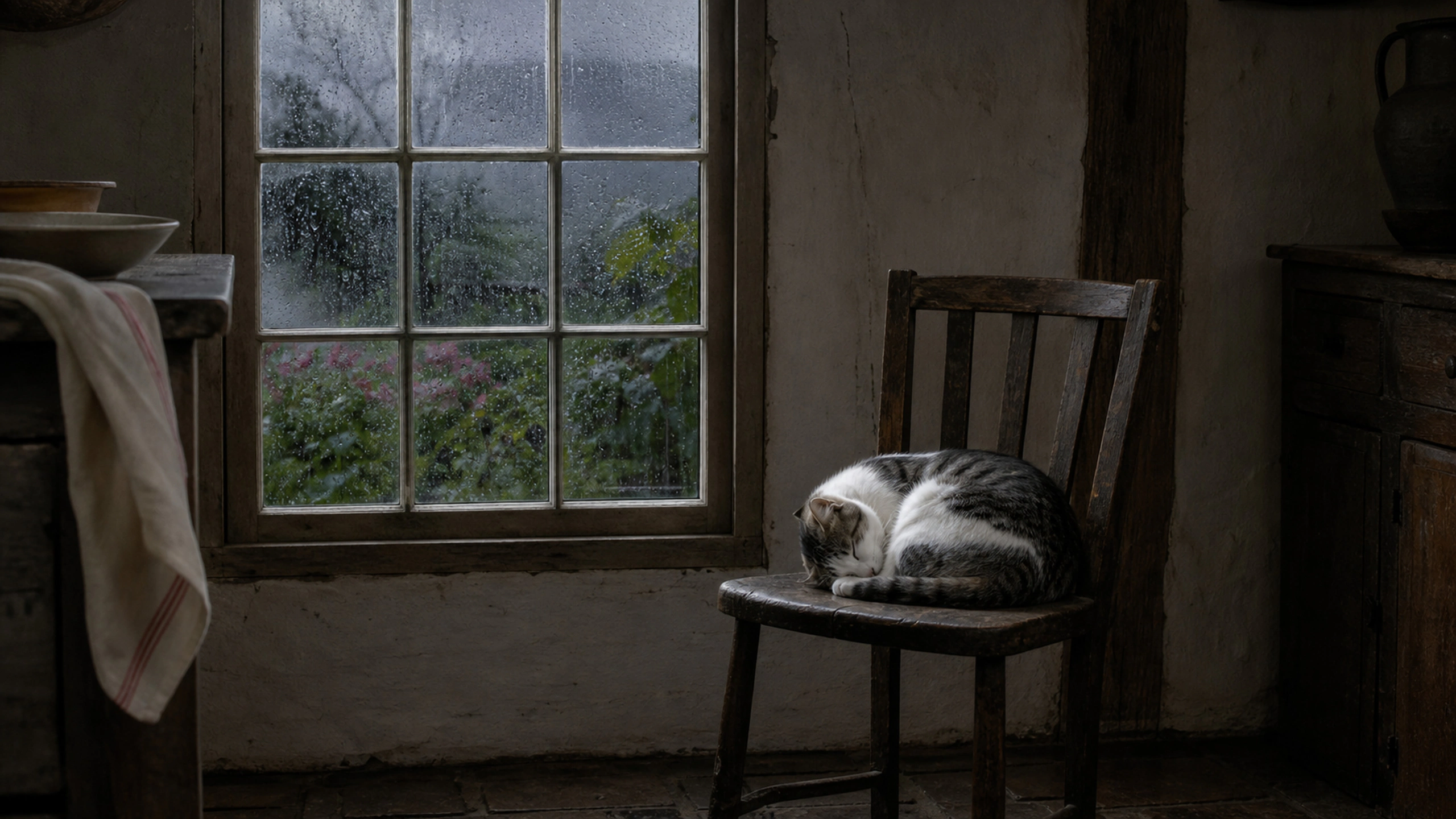 White-and-gray tabby curled on a wooden kitchen chair near a storm-dark window, original 4K pets wallpaper