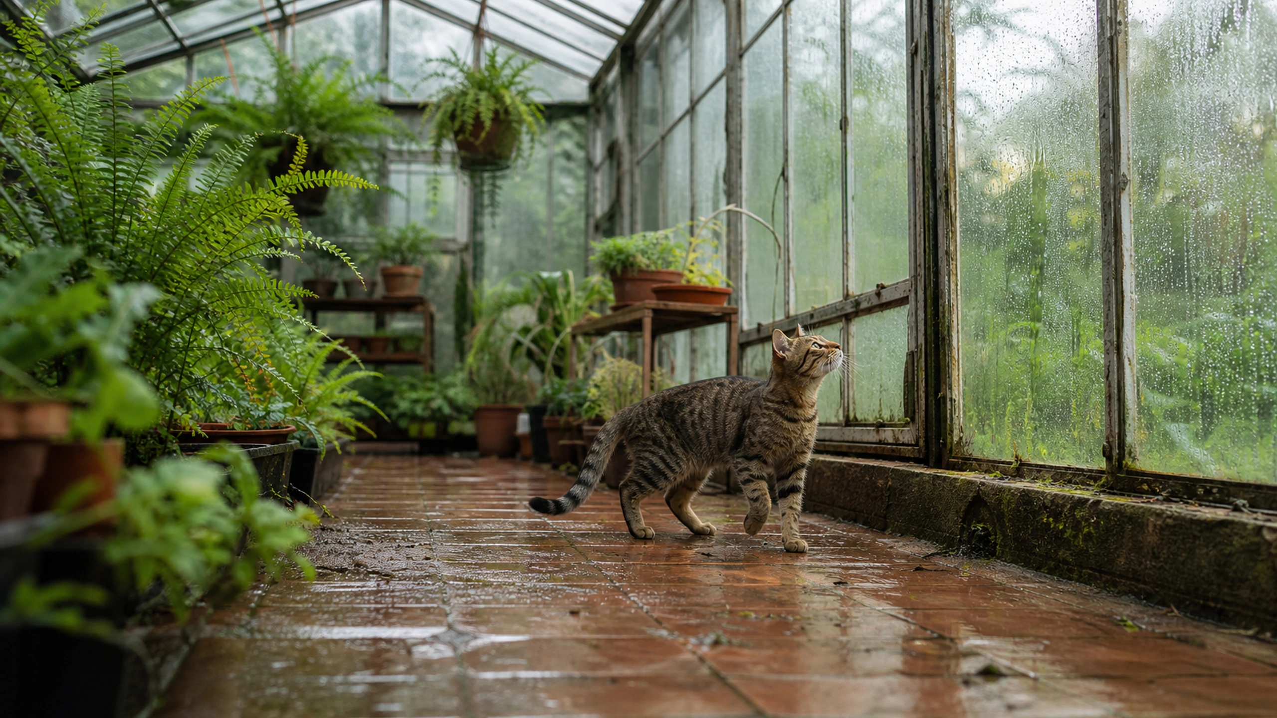 Brown mackerel tabby exploring an old greenhouse window covered with fine rain beads, original 4K pets wallpaper