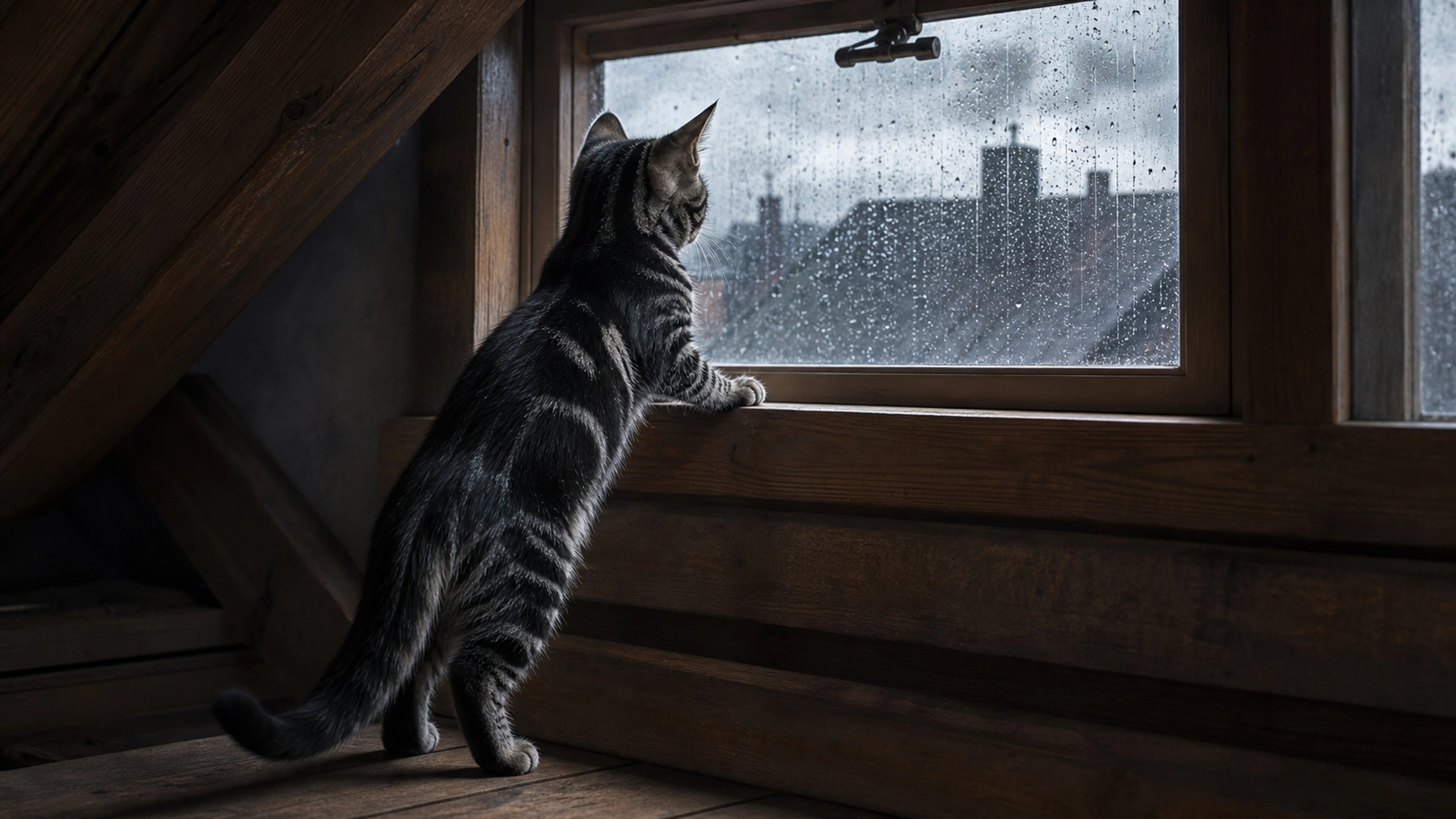 Young black-and-silver tabby looking through a small attic window during heavy rain, original 4K pets wallpaper