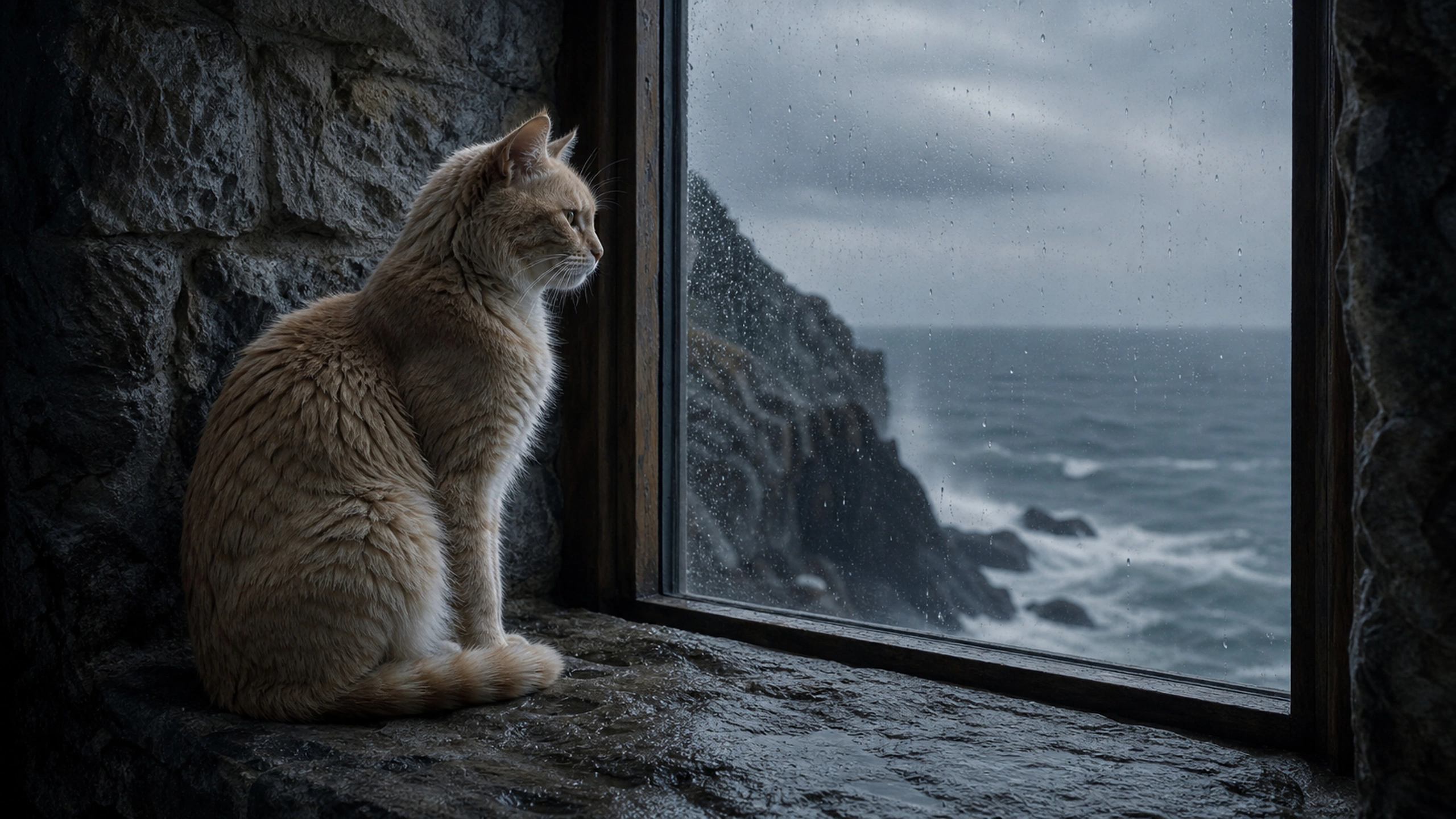 Cream tabby seated on a deep stone windowsill facing a blurred stormy sea, original 4K pets wallpaper