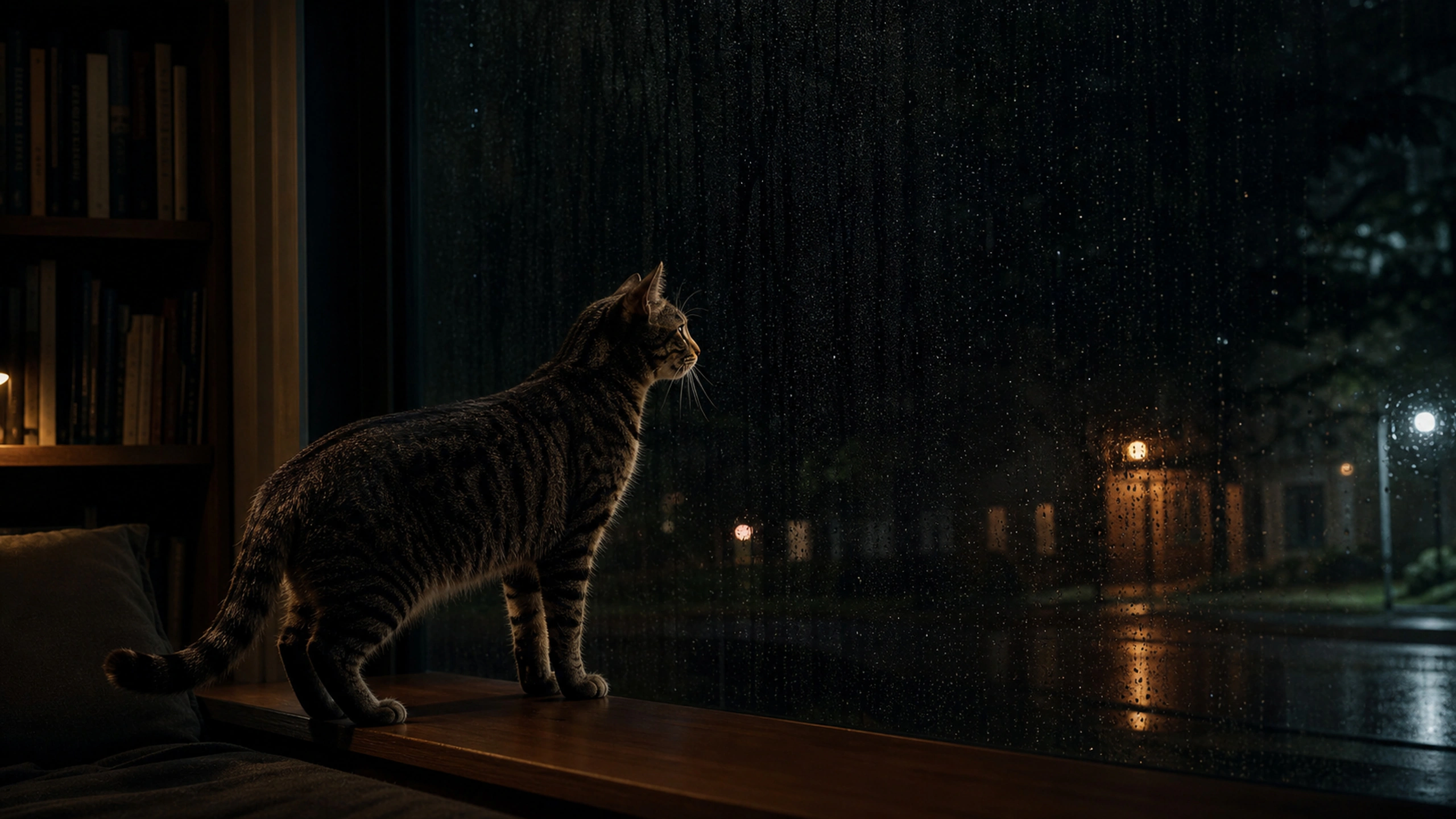 Dark classic tabby in profile beside a rain-streaked night window with restrained street bokeh, original 4K pets wallpaper