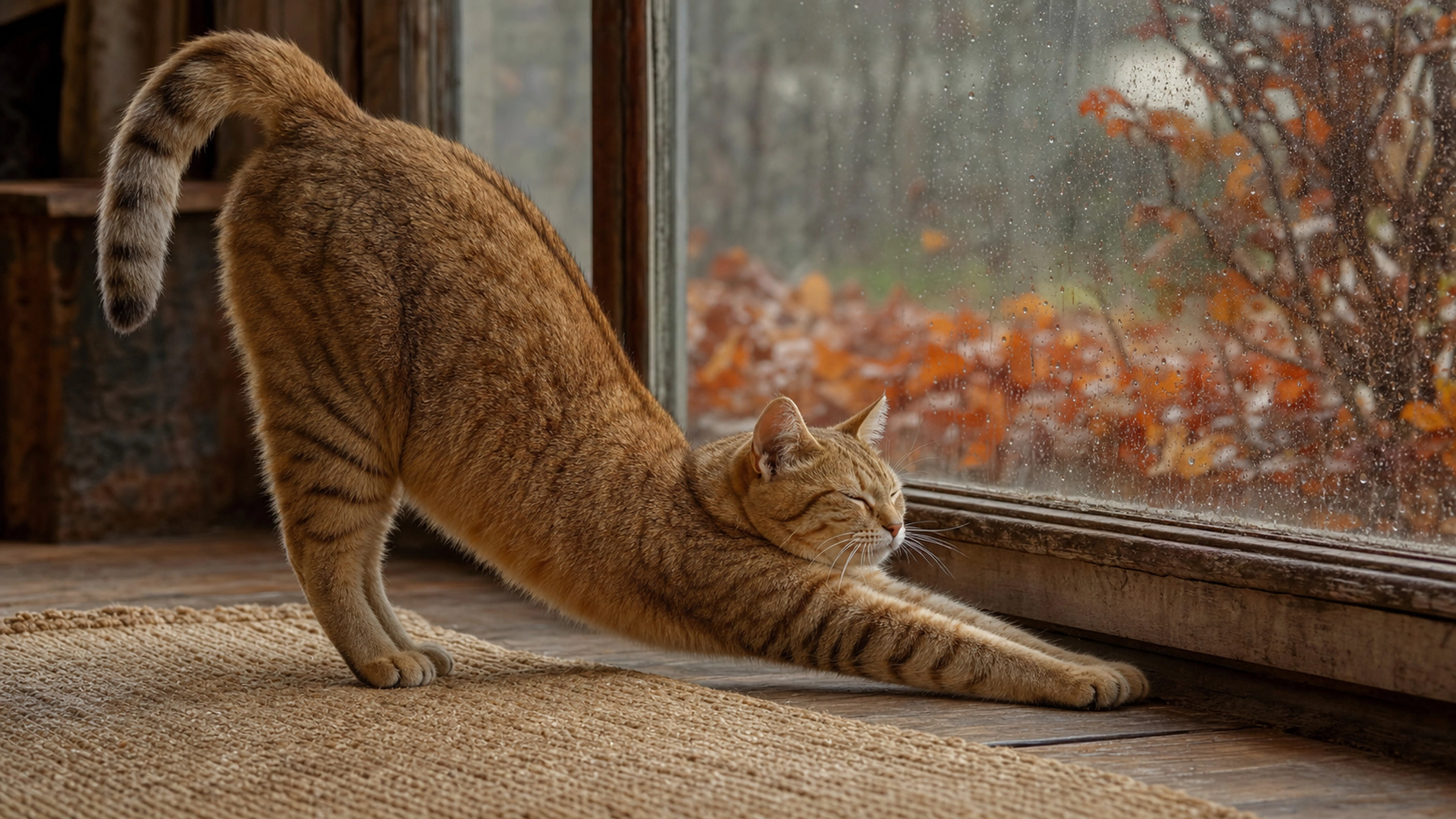 Golden tabby stretching beside a low window overlooking wet autumn leaves, original 4K pets wallpaper