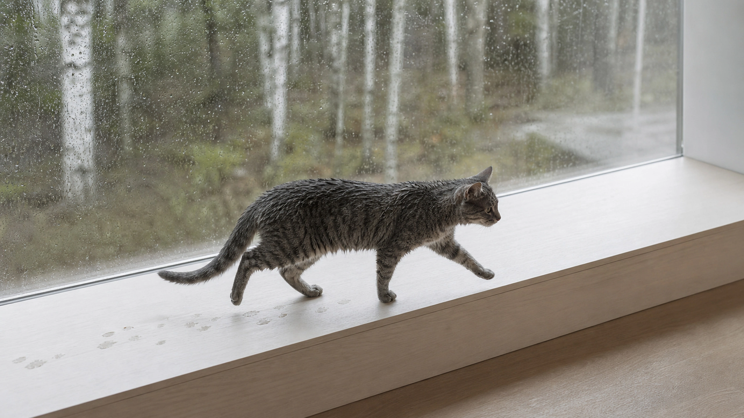 Small gray tabby walking across a wide window bench, wet pawprints and soft morning rain, original 4K pets wallpaper