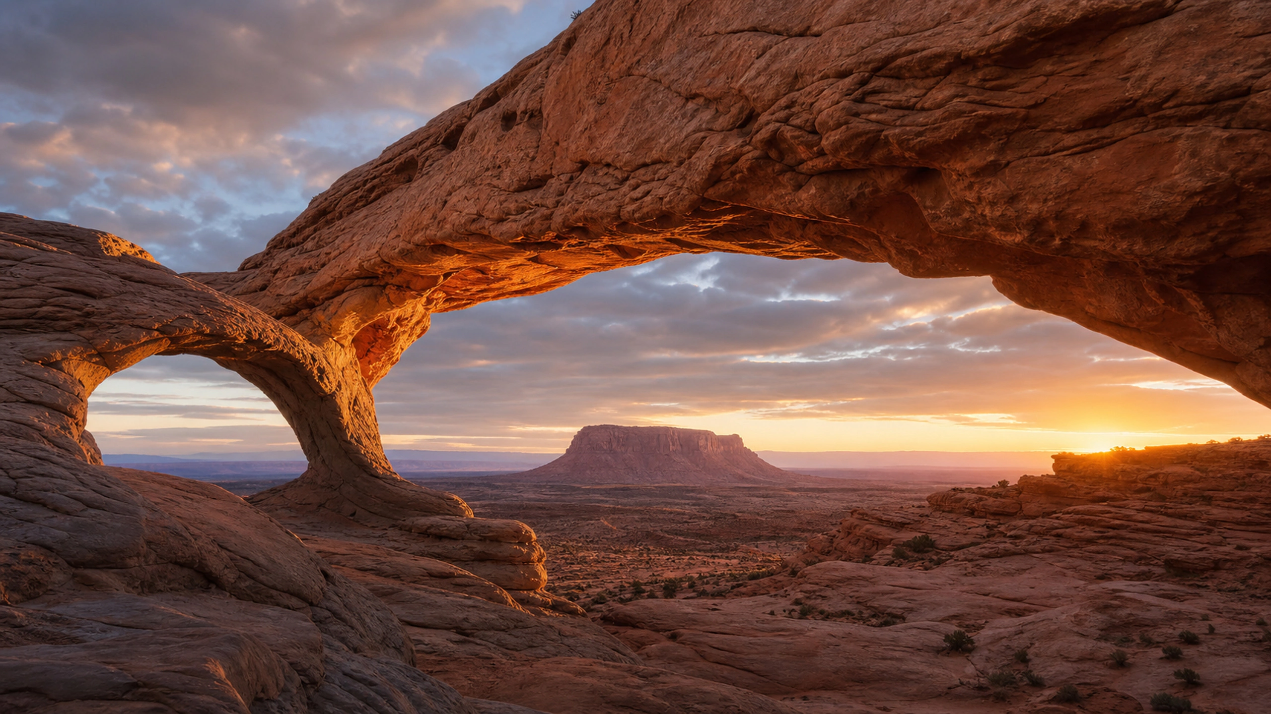 Two naturally eroded sandstone arches framing a distant sunset mesa, original 4K desert wallpaper