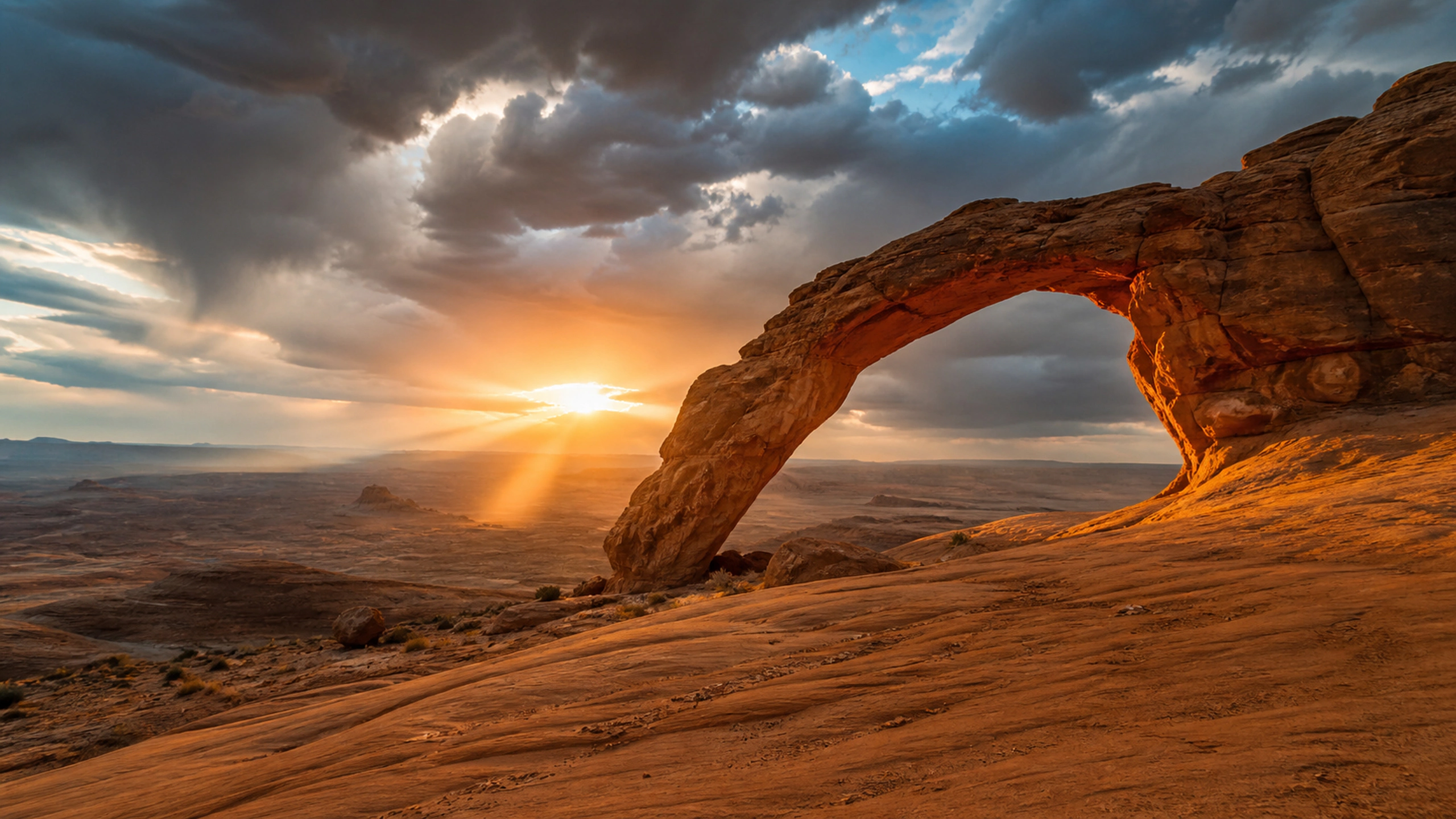 Natural arch beneath dramatic clearing storm clouds and a shaft of sunset light, original 4K desert wallpaper