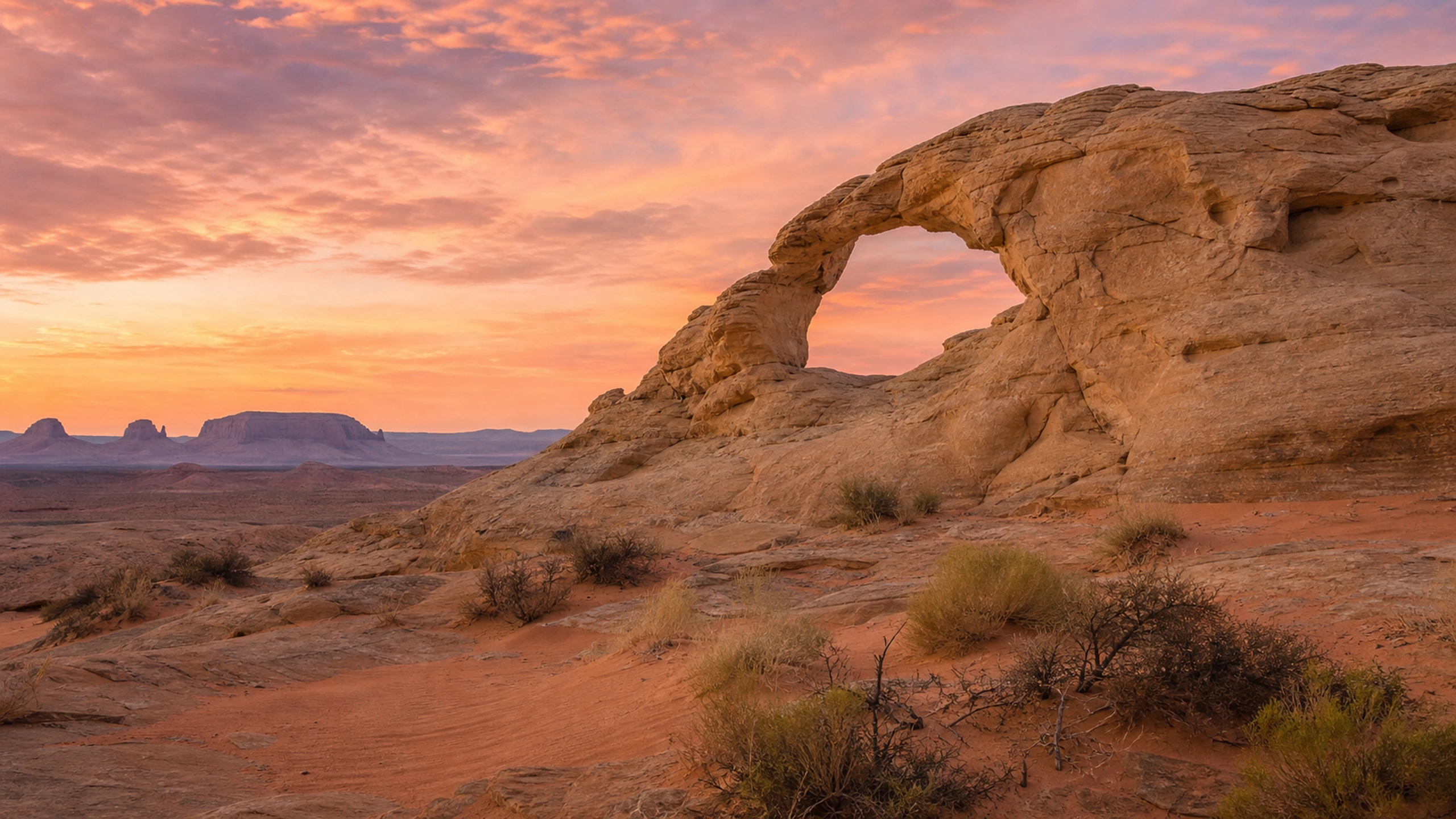 Pale sandstone arch in a high desert, soft rose sky and sparse vegetation, original 4K desert wallpaper