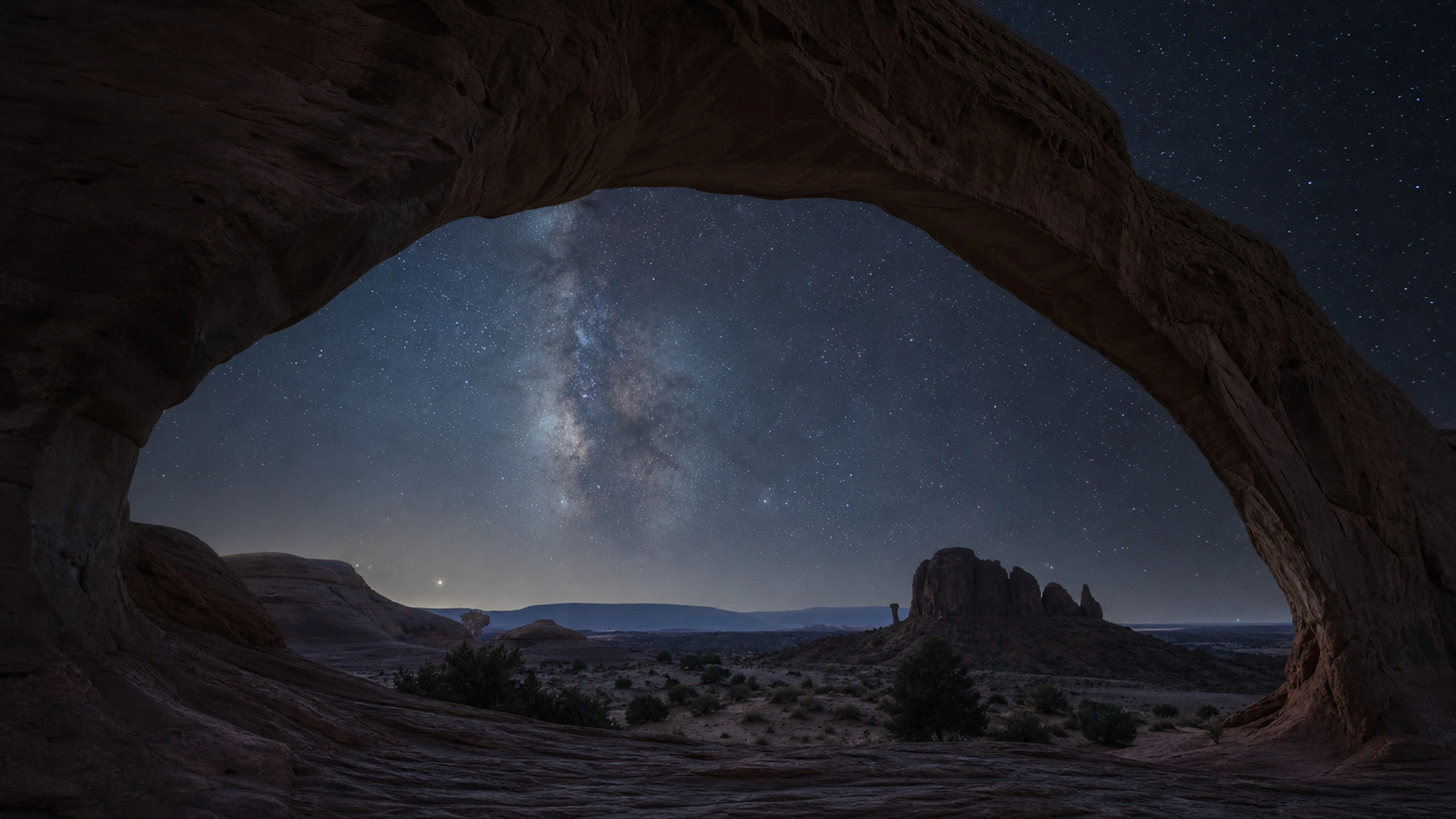 Night sky framed by a dark natural arch, realistic Milky Way and subtle moonlit rock, original 4K desert wallpaper