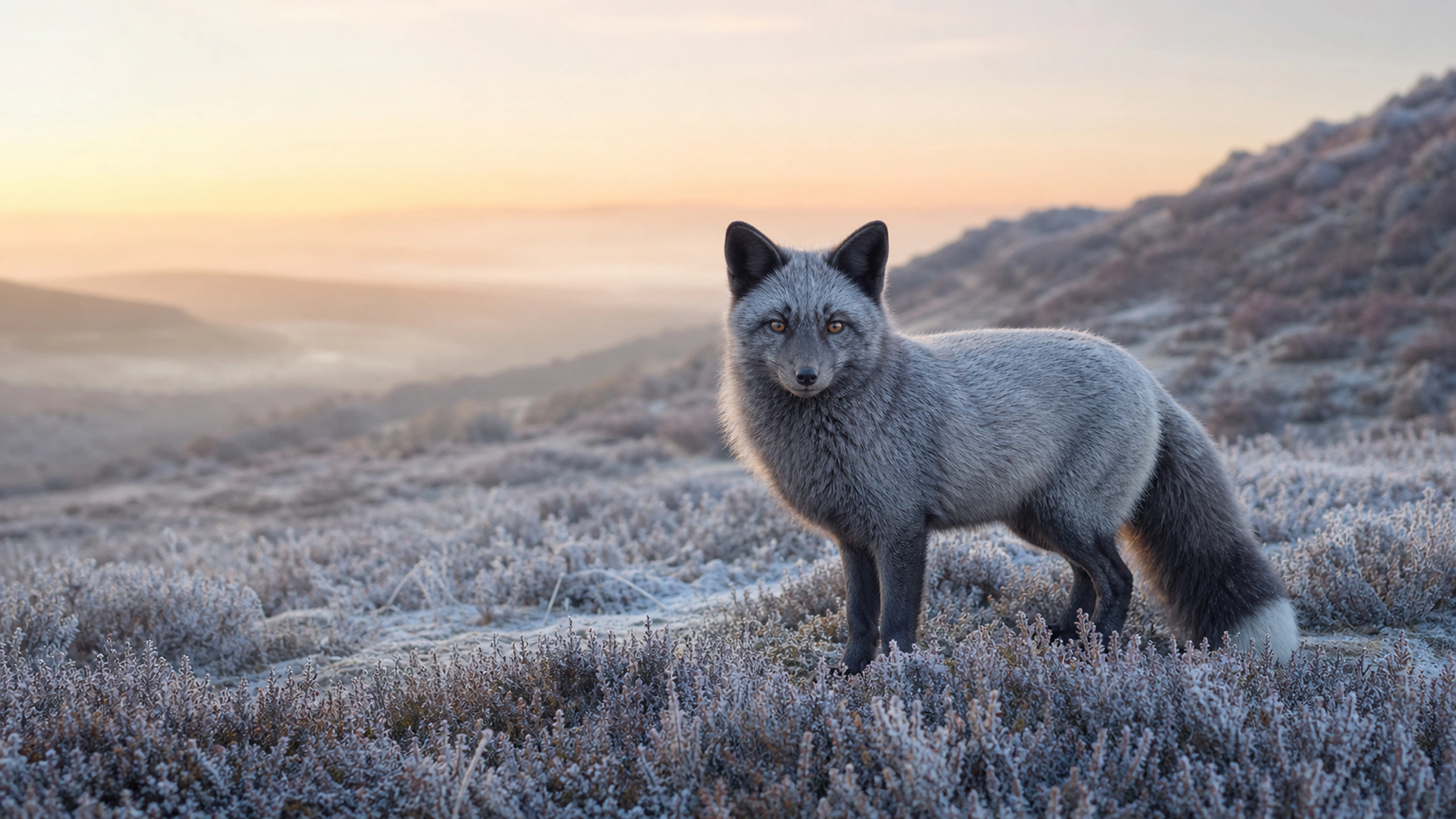 Silver fox standing among frost-covered heather at cold dawn, full body and alert posture, original 4K animals wallpaper