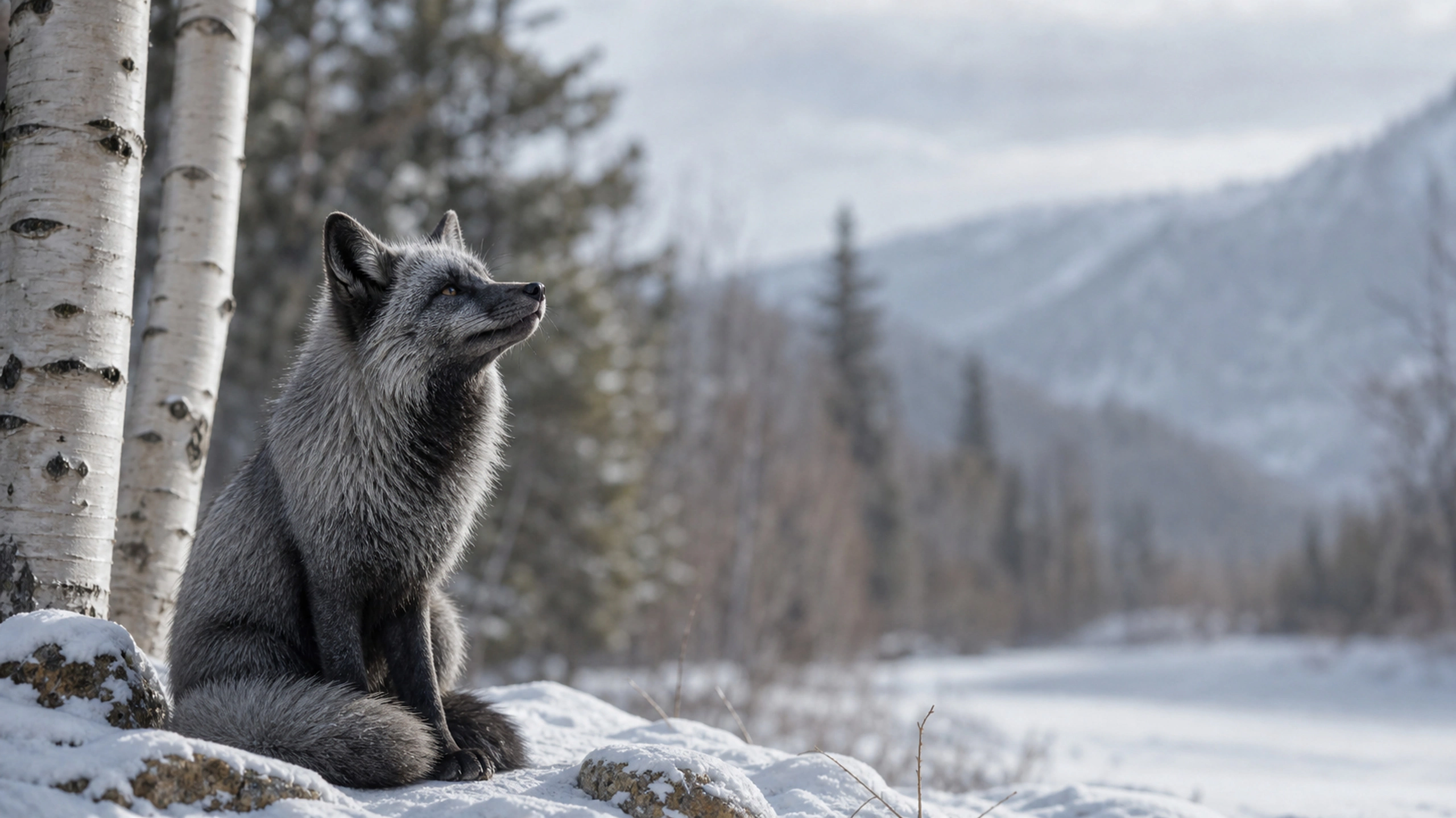 Silver fox seated beside pale birch trunks, ears raised toward an unseen forest sound, original 4K animals wallpaper