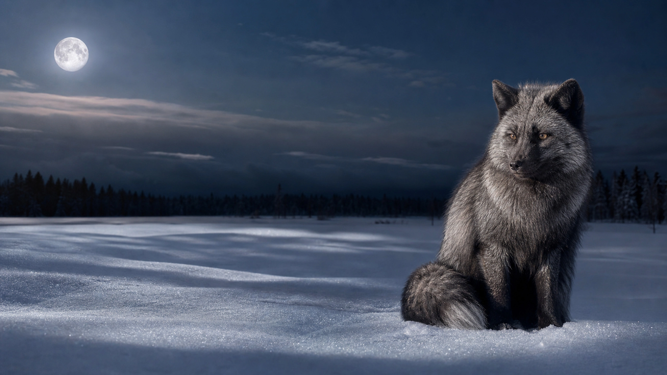 Silver fox in a moonlit snow clearing, restrained natural night exposure, original 4K animals wallpaper