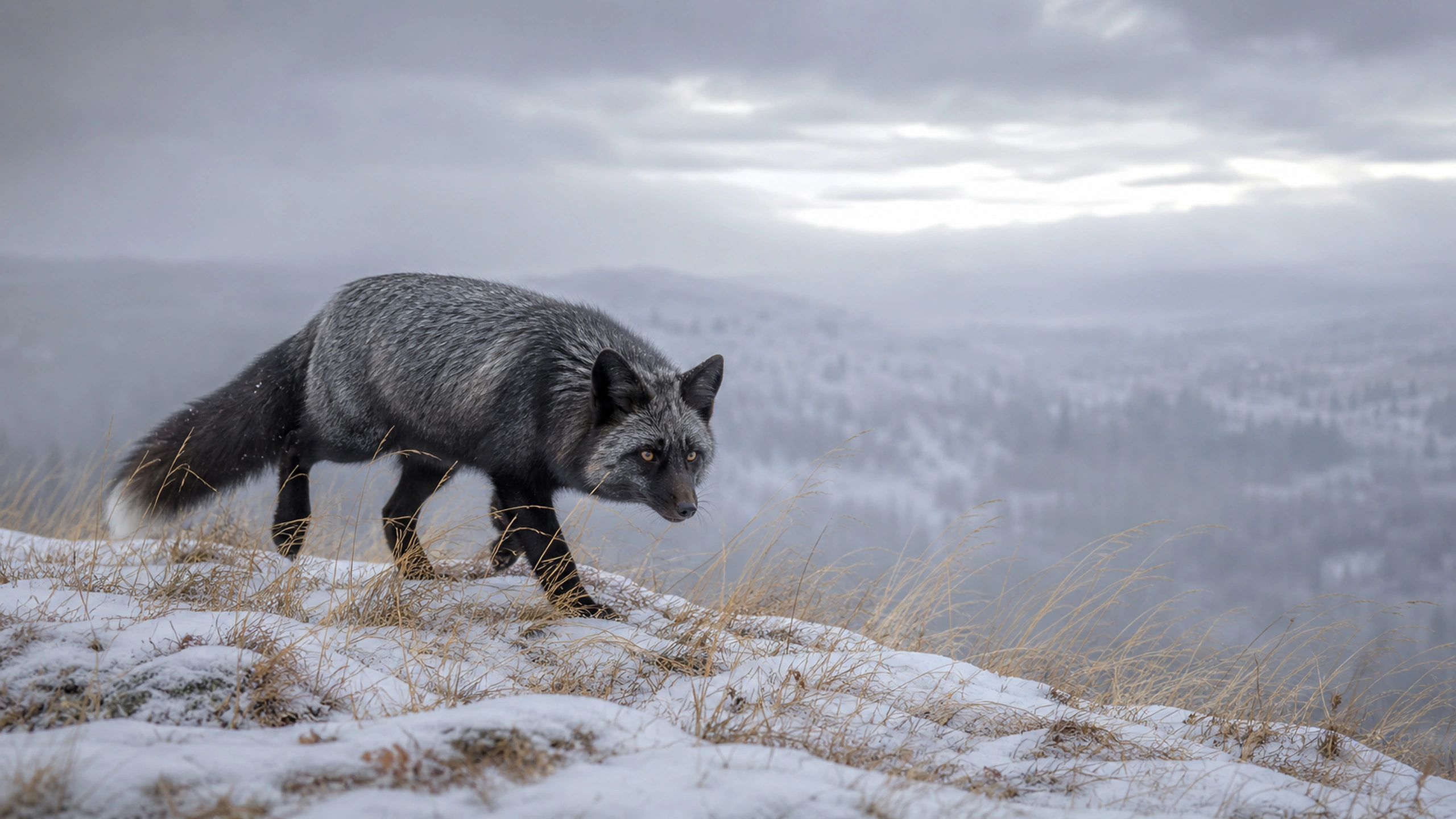 Silver fox with natural dark coat moving through late-autumn grass and first snow, original 4K animals wallpaper