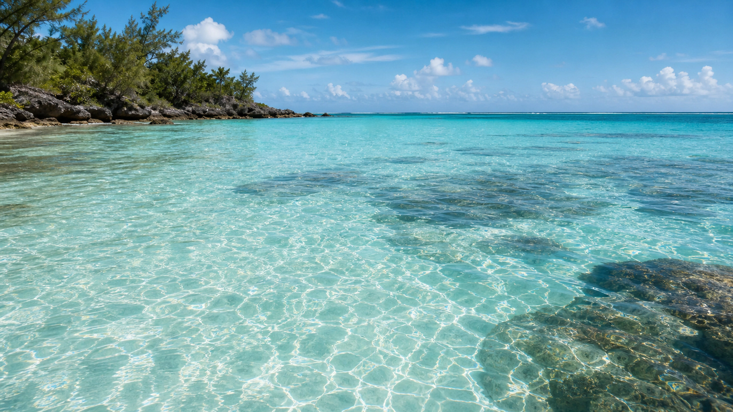 Calm transparent tropical lagoon over pale sand, early sun and natural reef shadows, original 4K ocean wallpaper