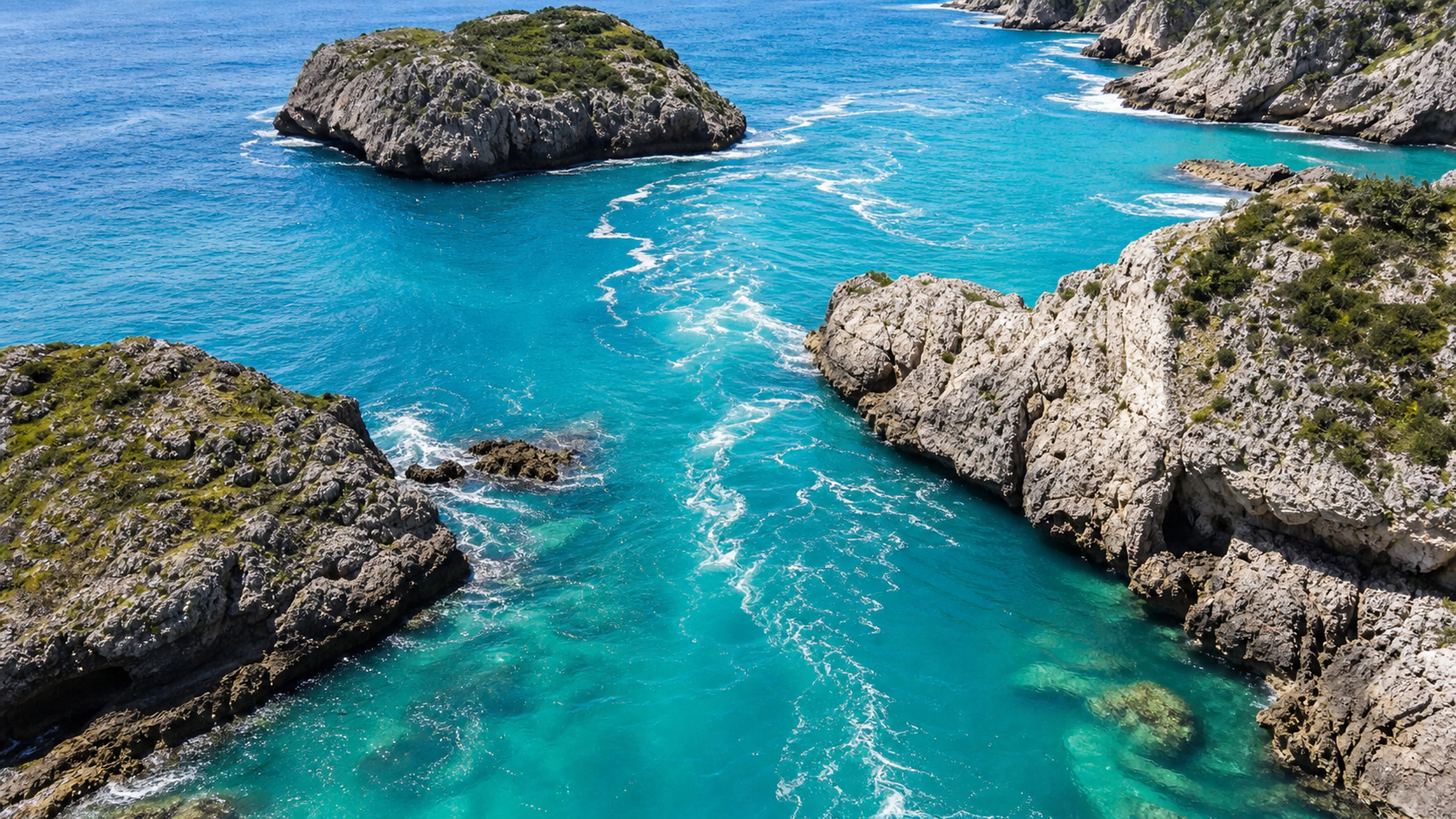 Clear turquoise current winding between weathered limestone islets, aerial oblique view, original 4K ocean wallpaper