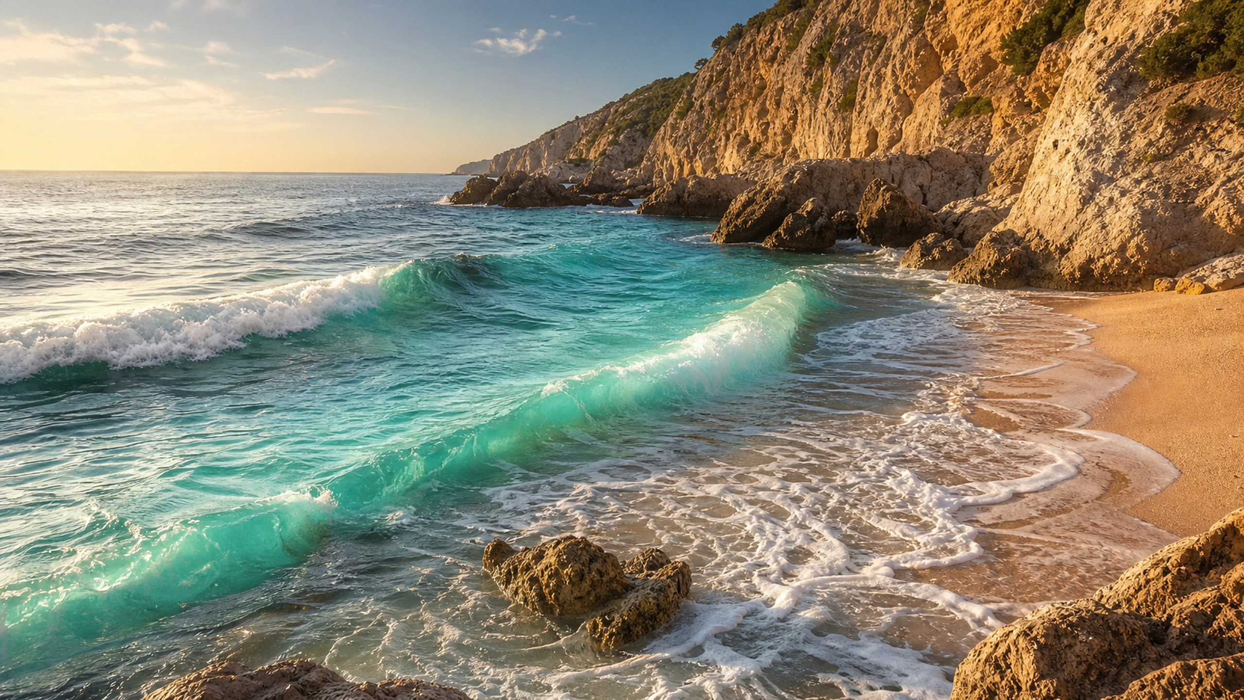 Emerald-turquoise water entering a secluded rocky cove, gentle foam and warm morning cliffs, original 4K ocean wallpaper