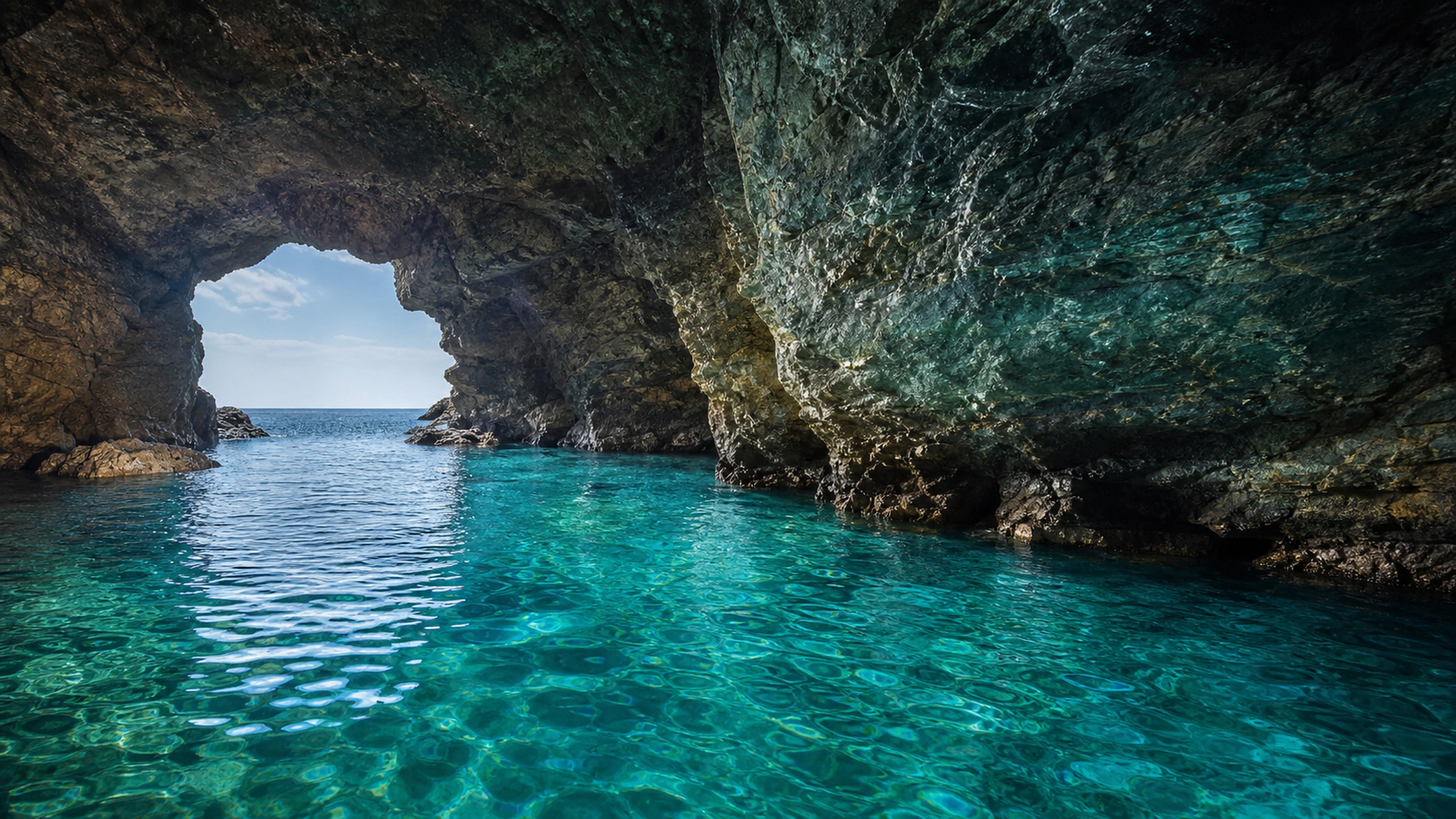Turquoise water inside a large natural sea cave, reflected light on wet stone walls, original 4K ocean wallpaper