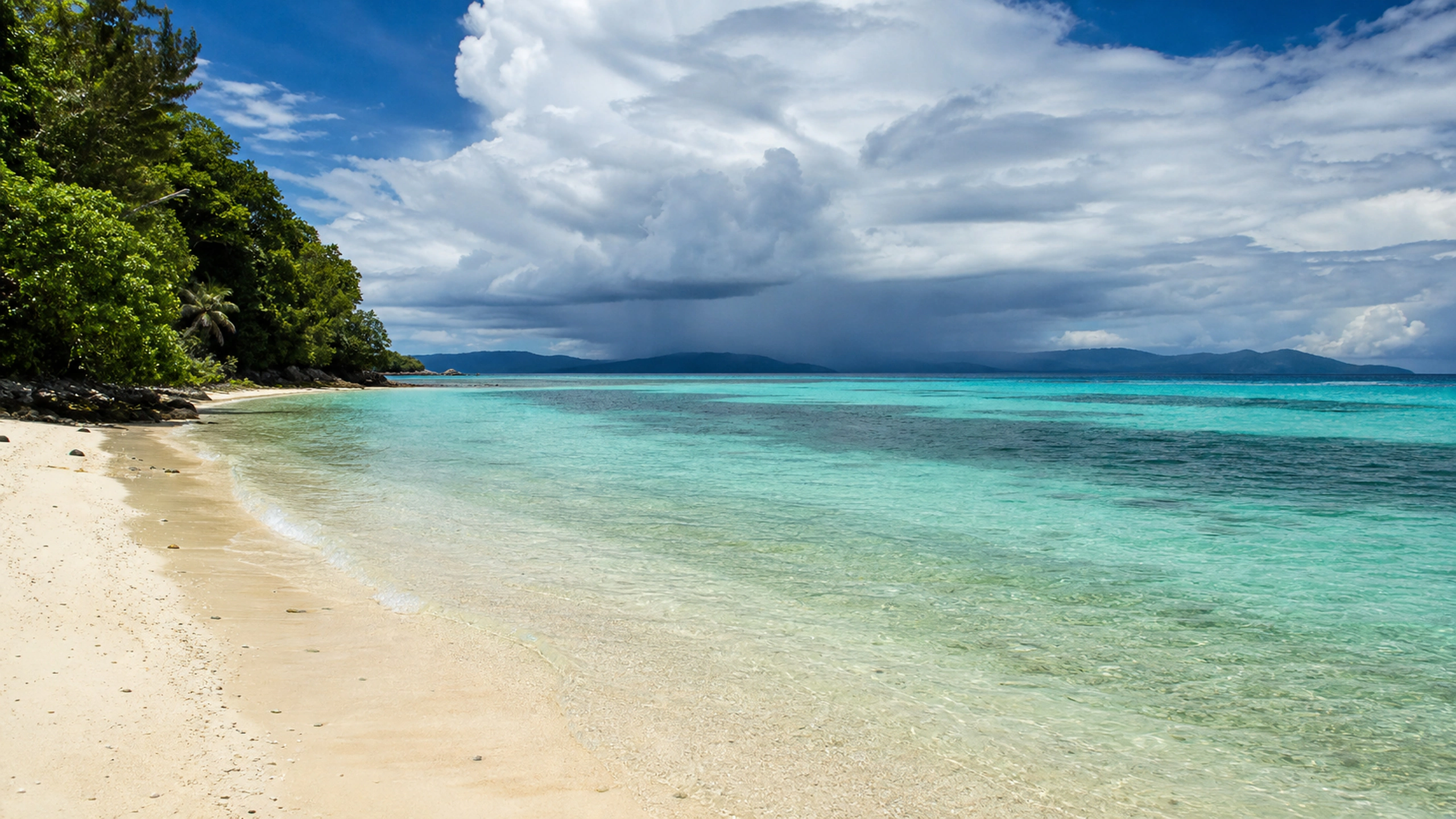 Breezy tropical bay with layered water colors, distant rain shower and untouched shoreline, original 4K ocean wallpaper