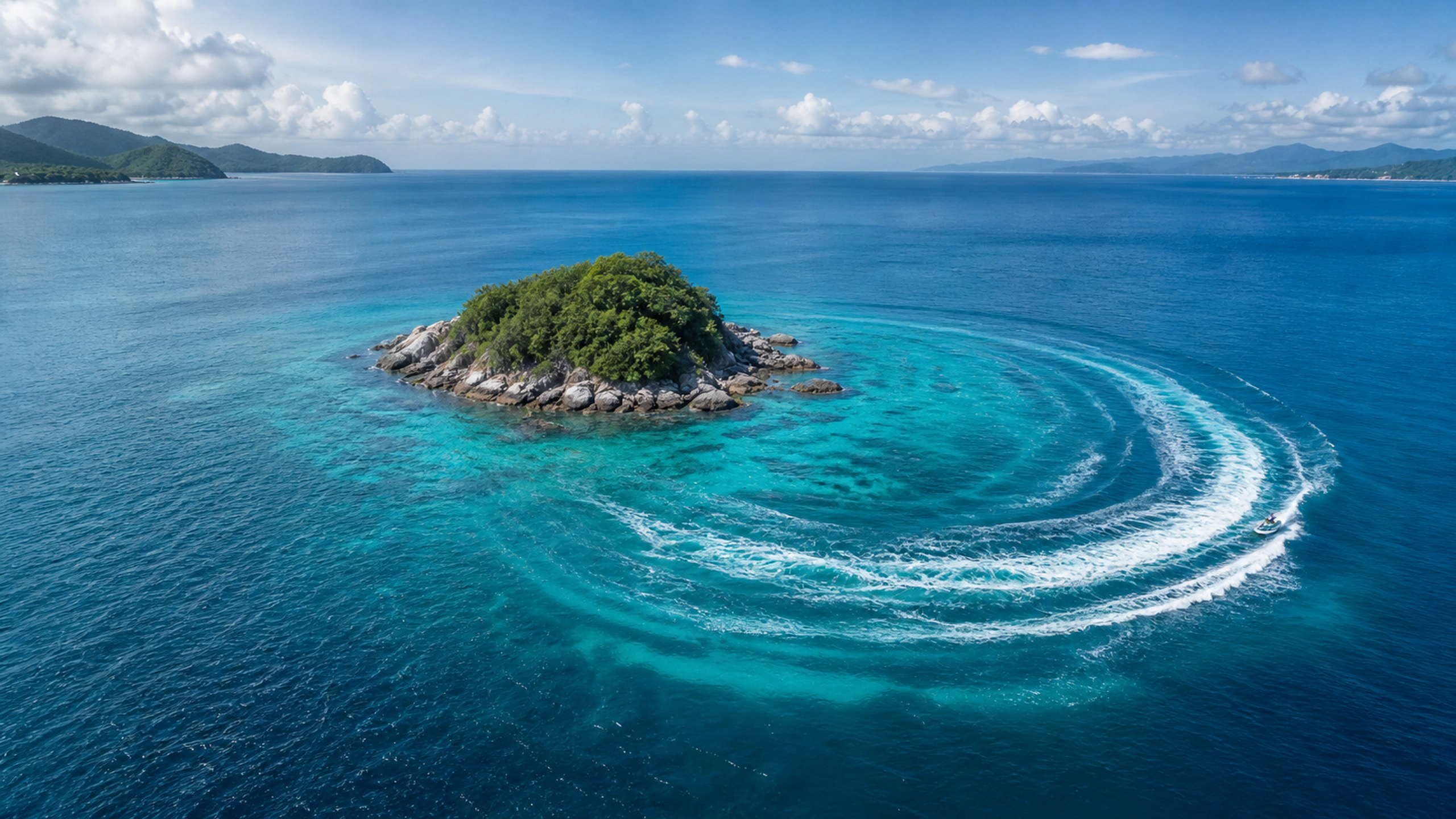 Long turquoise wake curling around a tiny uninhabited island, wide elevated composition, original 4K ocean wallpaper