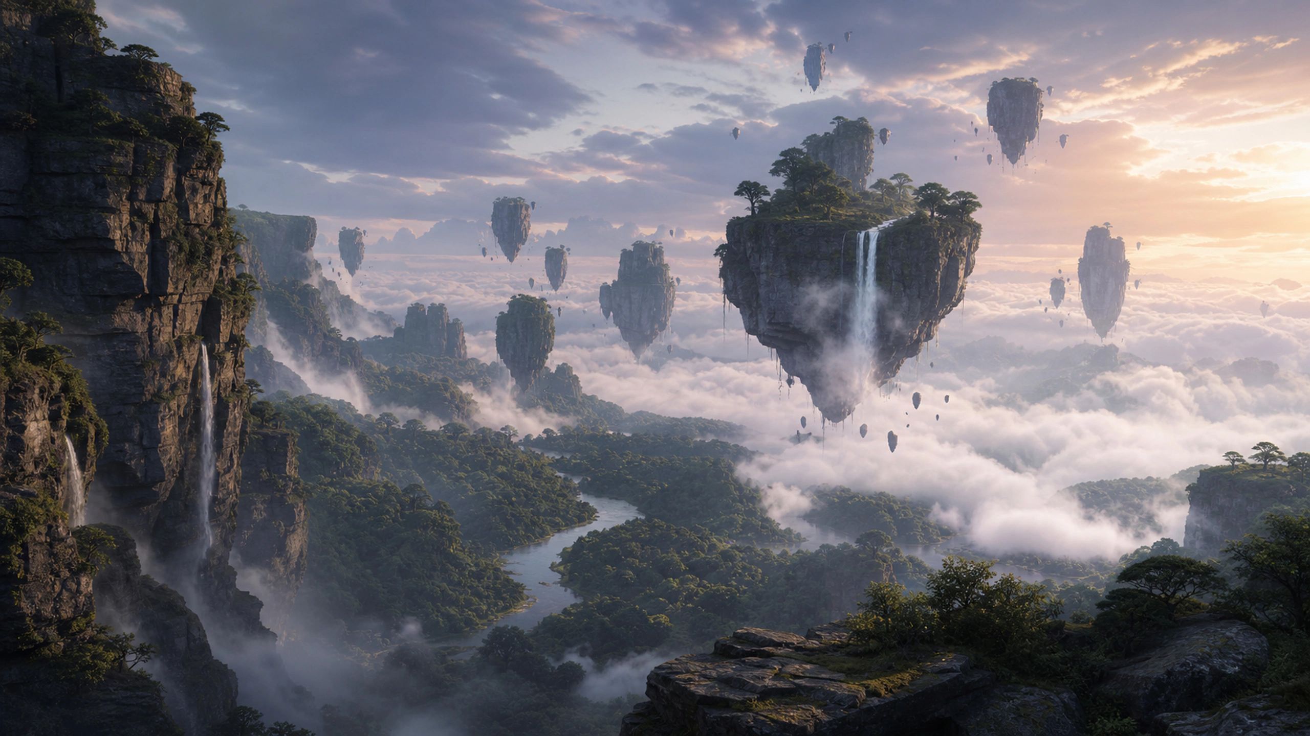 Vast original valley with floating basalt islands rising above a river of twilight cloud, original 4K fantasy worlds wallpaper