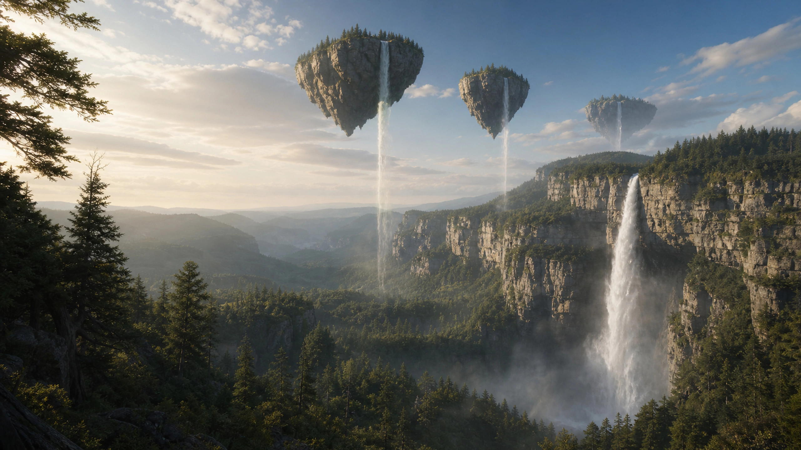 Three distant floating landforms releasing waterfalls into a forested canyon, original 4K fantasy worlds wallpaper
