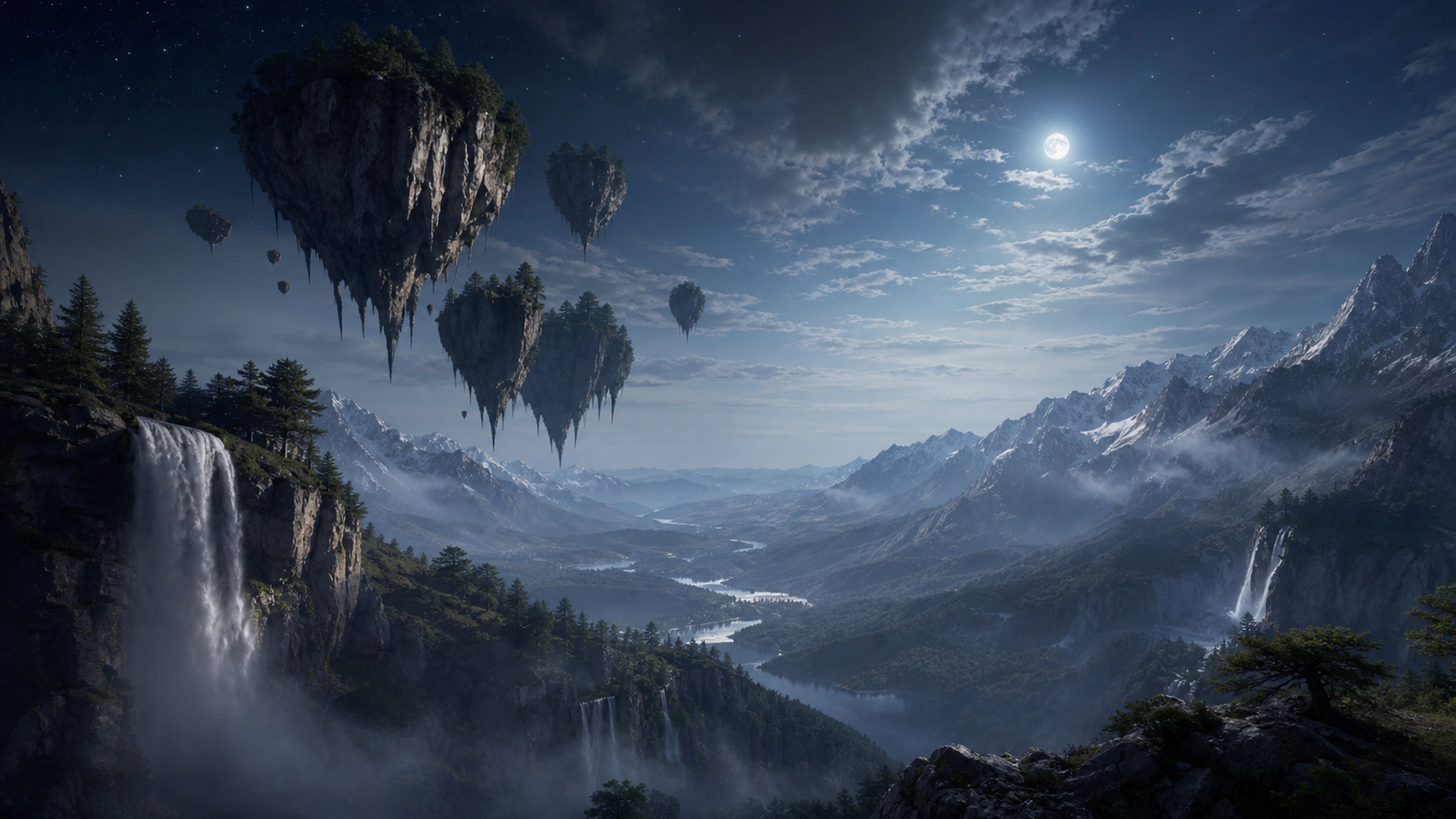 Original suspended islands casting shadows across a moonlit alpine valley, original 4K fantasy worlds wallpaper