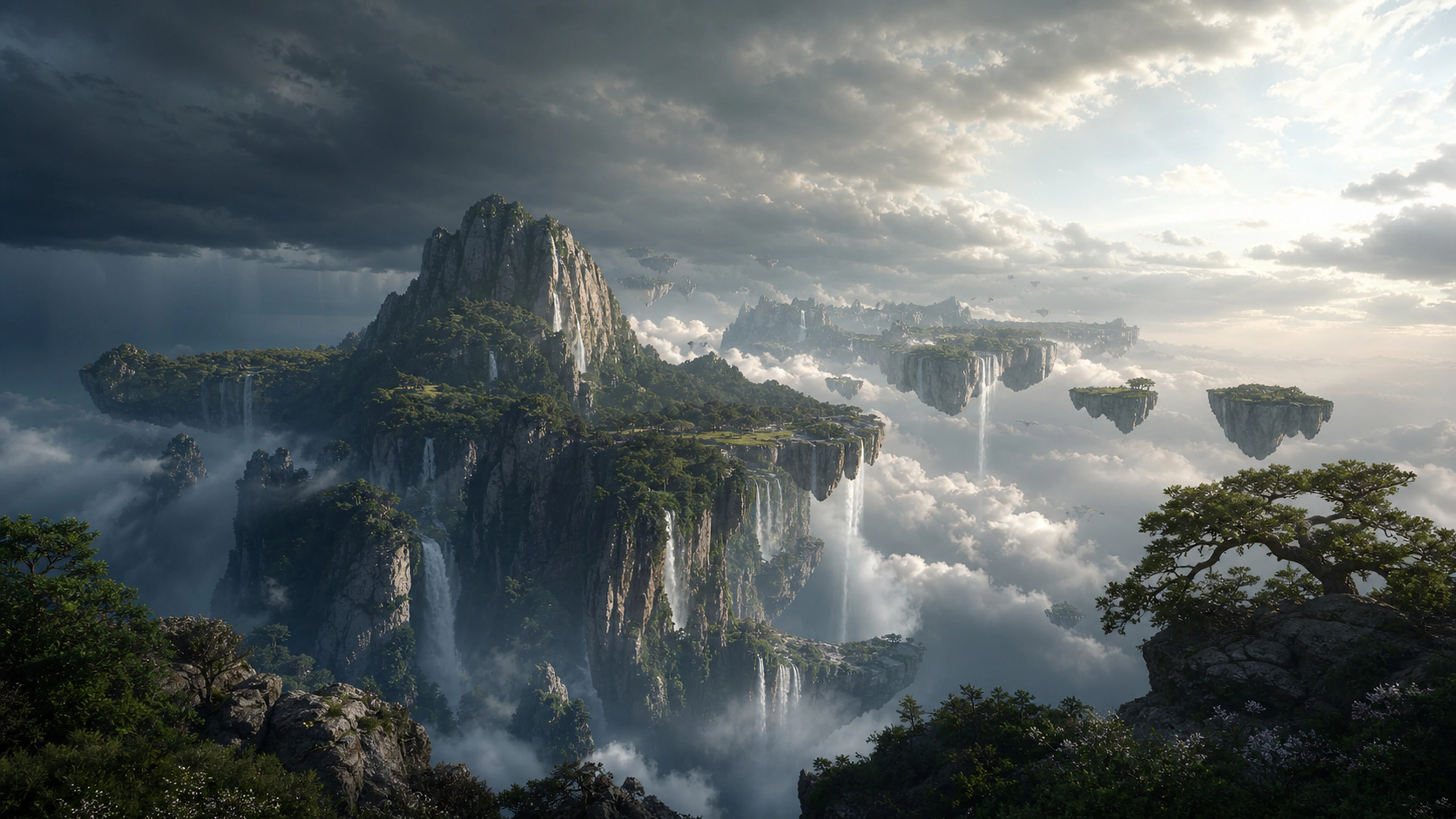 Floating mountain chain beneath an approaching storm, realistic rock and vegetation scale, original 4K fantasy worlds wallpaper