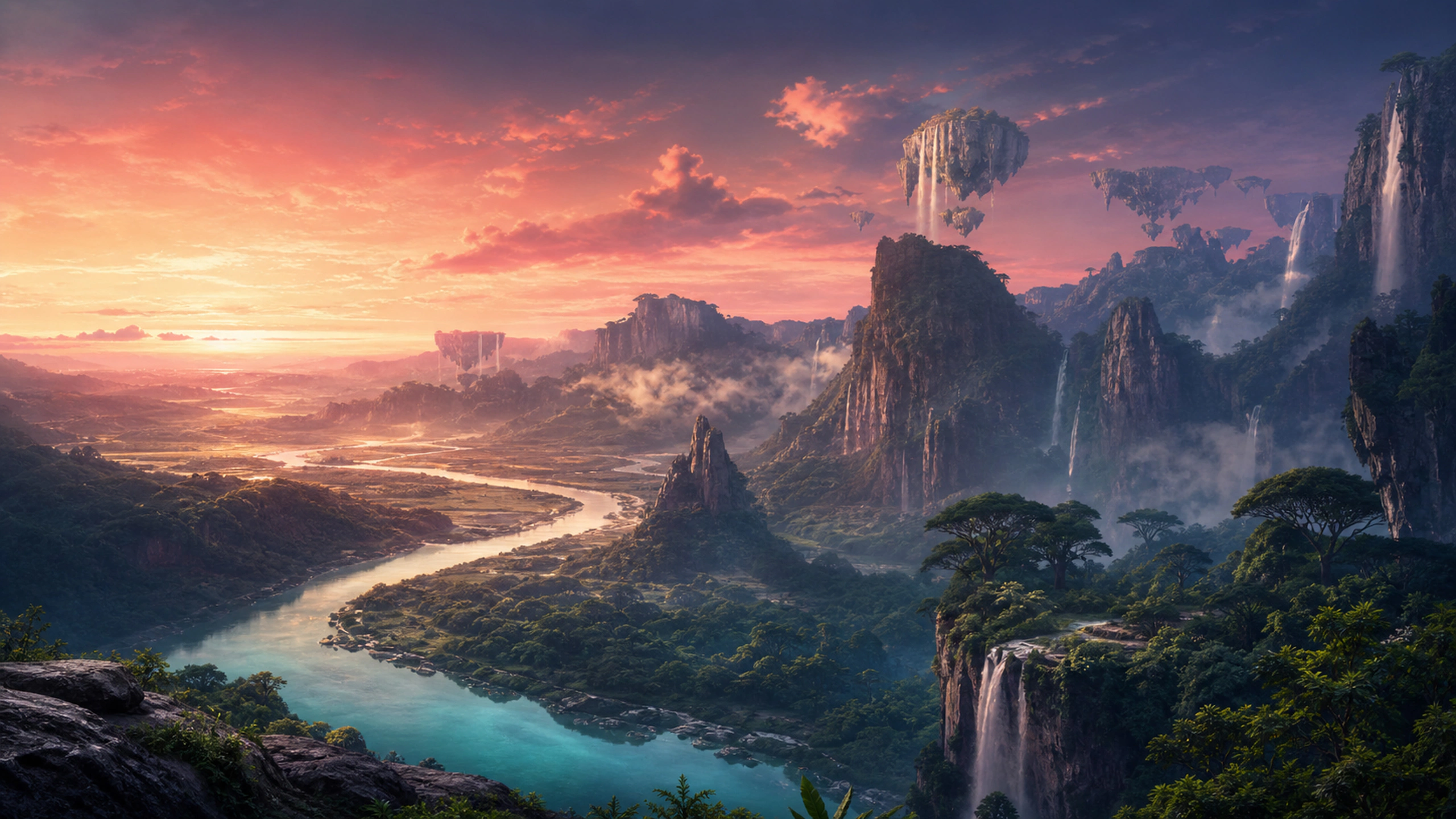 Luminous natural-looking mineral river winding through a fantasy valley at dusk, original 4K fantasy worlds wallpaper