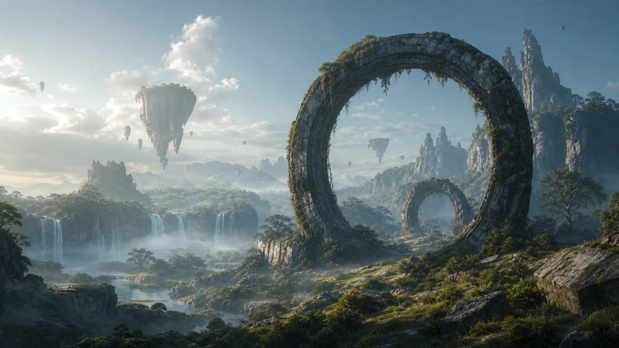 Colossal weathered stone rings standing in a remote valley, no recognizable franchise, original 4K fantasy worlds wallpaper