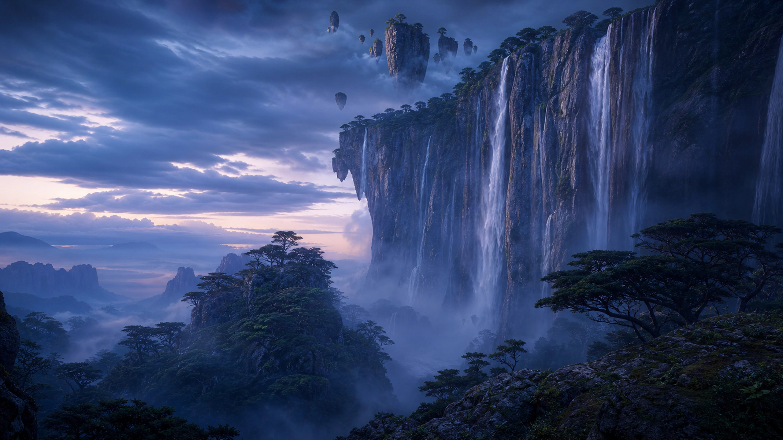 Deep blue twilight forest surrounding an immense waterfall and suspended cliffs, original 4K fantasy worlds wallpaper