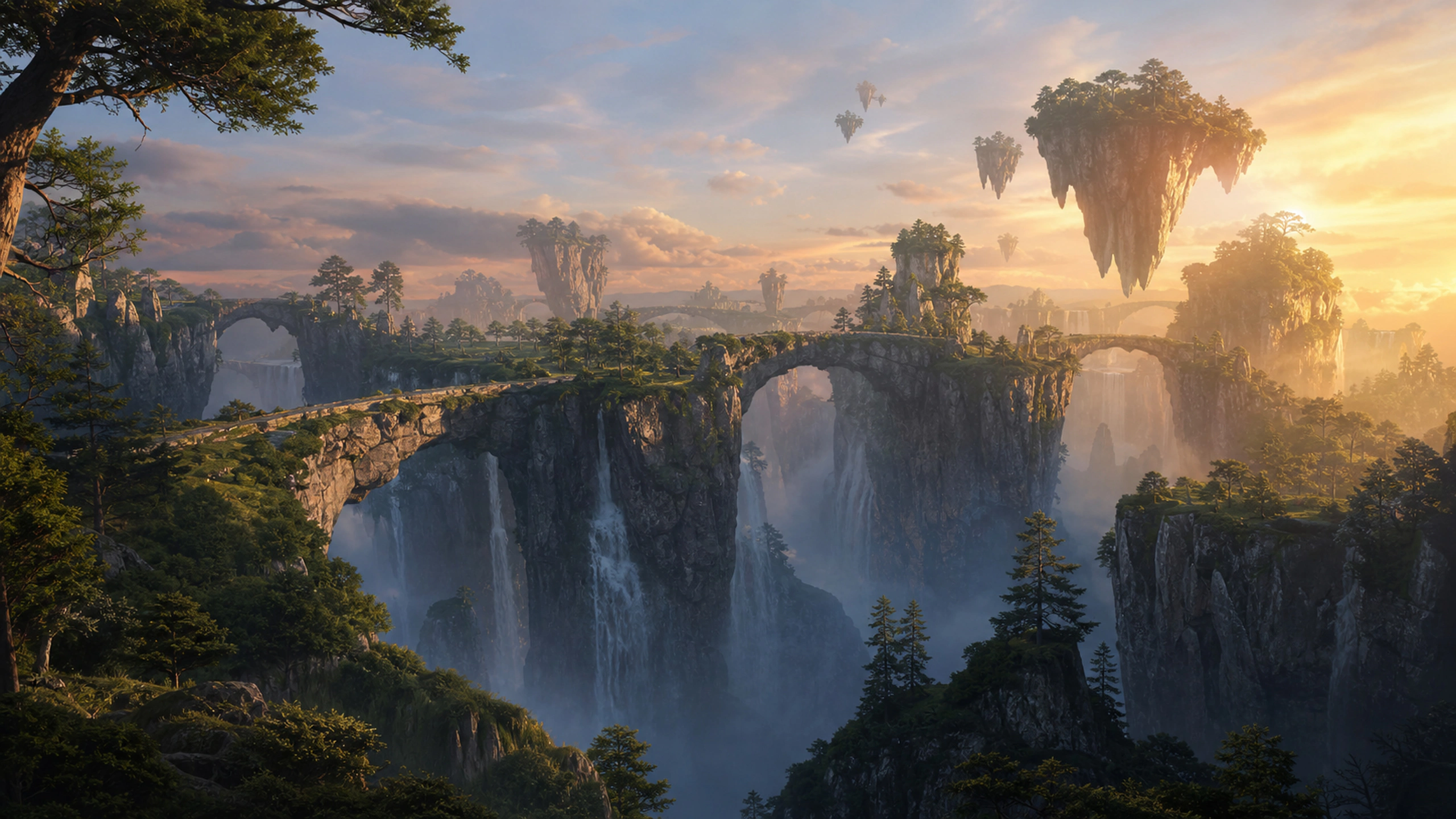 Natural stone bridges connecting high floating plateaus beneath restrained sunset, original 4K fantasy worlds wallpaper